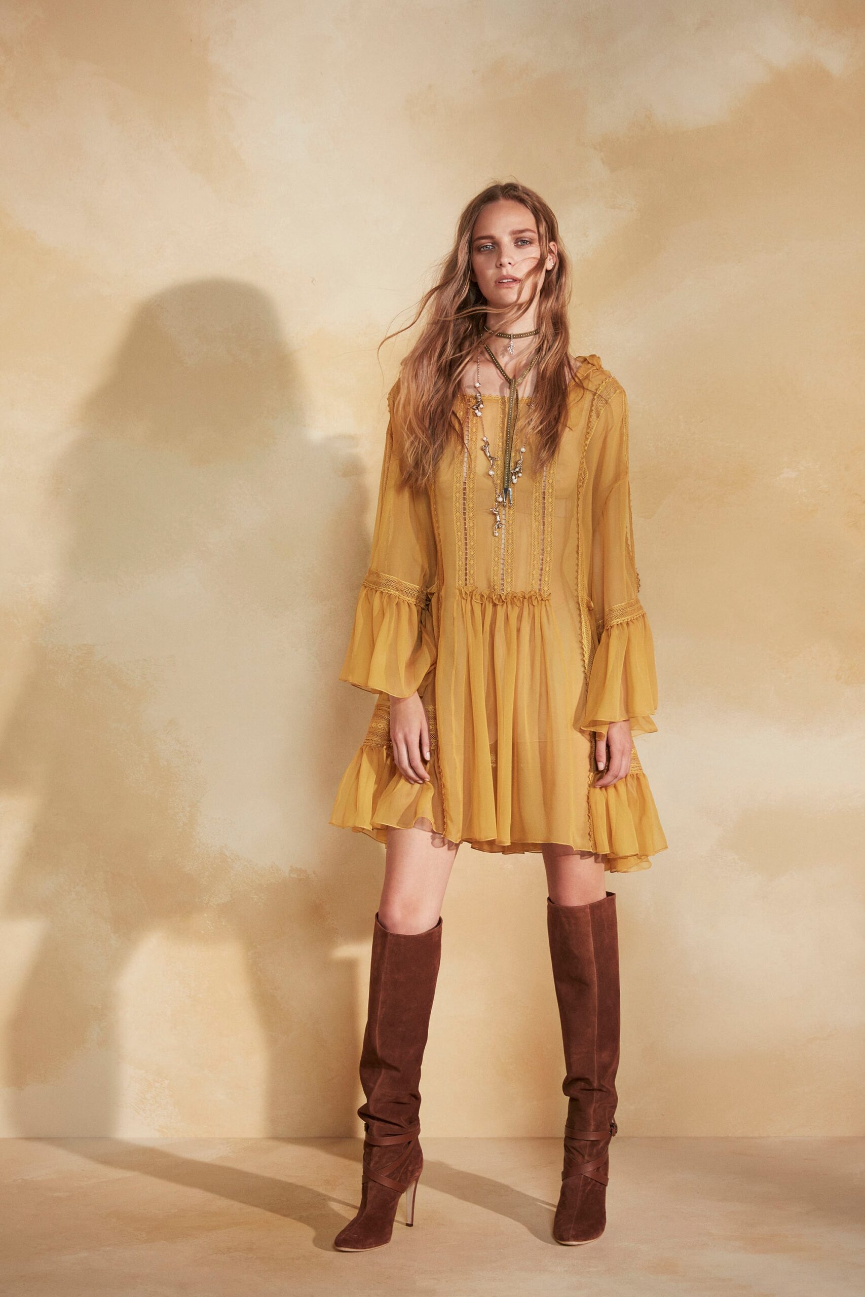 yellow chiffon long-sleeve v-neck relaxed ruffled tiered dress