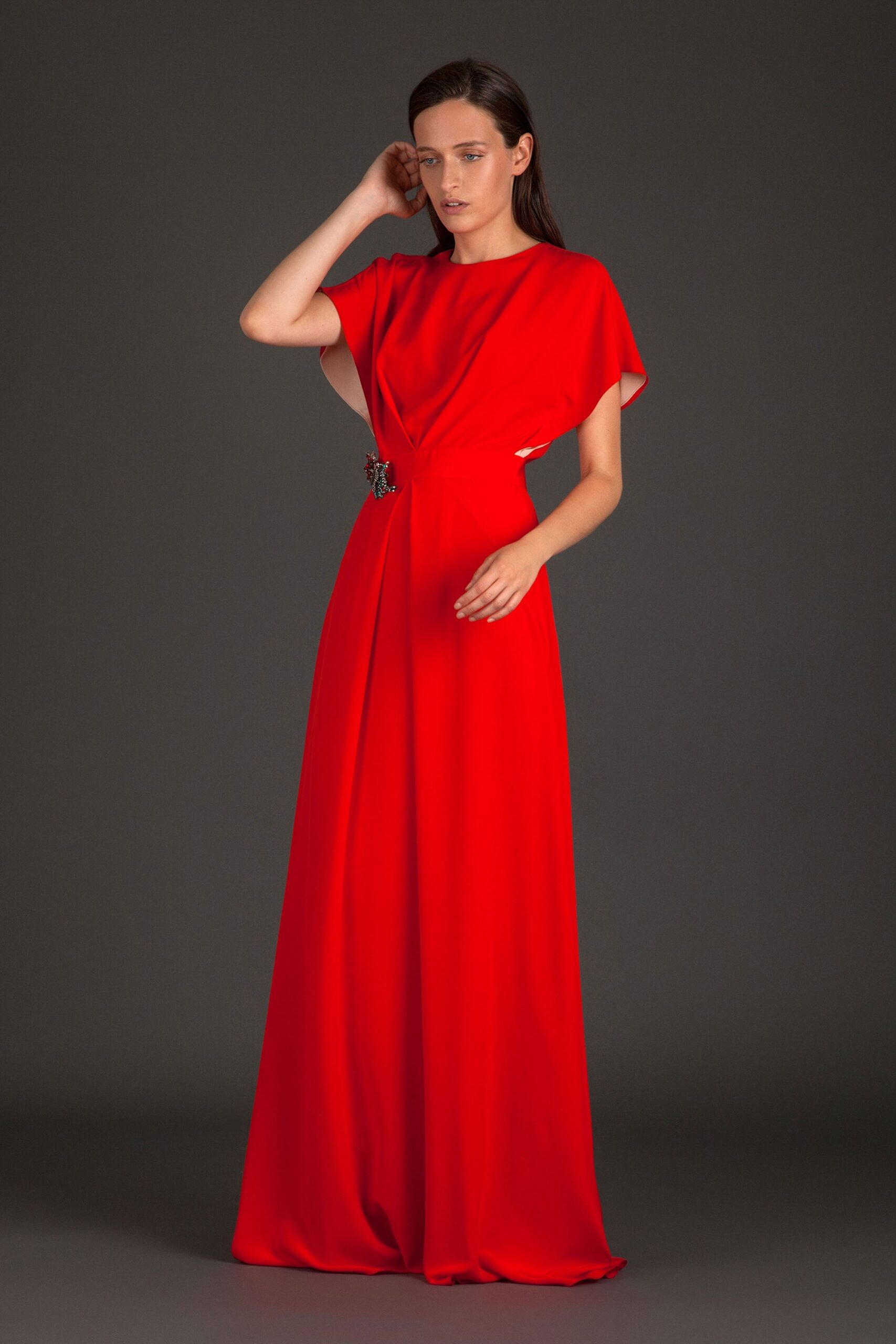 red silk sleeveless gown