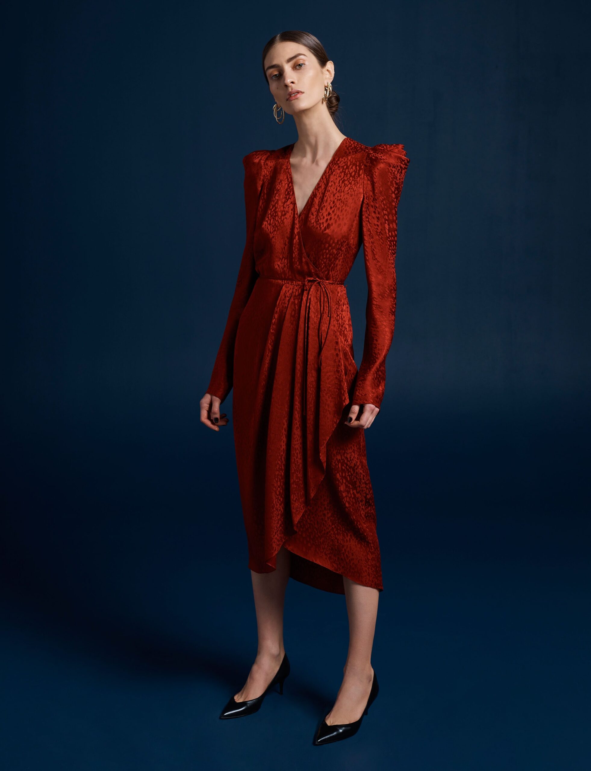fitted red silk midi dress