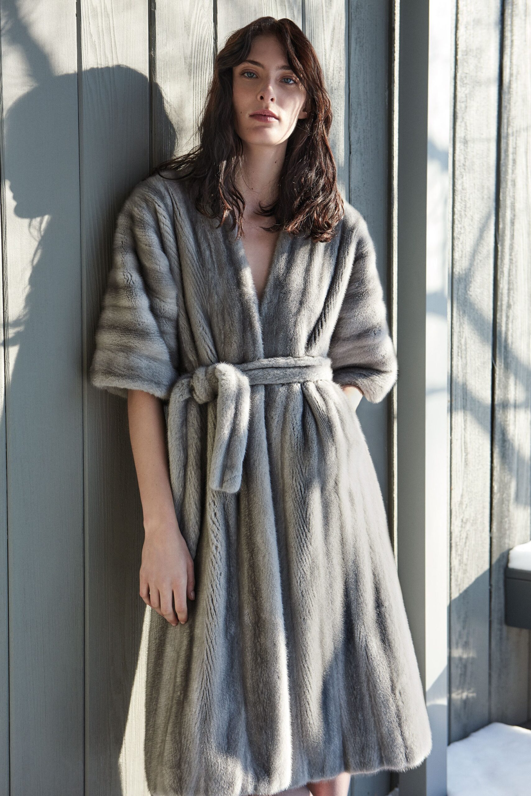 gray fur belted coat