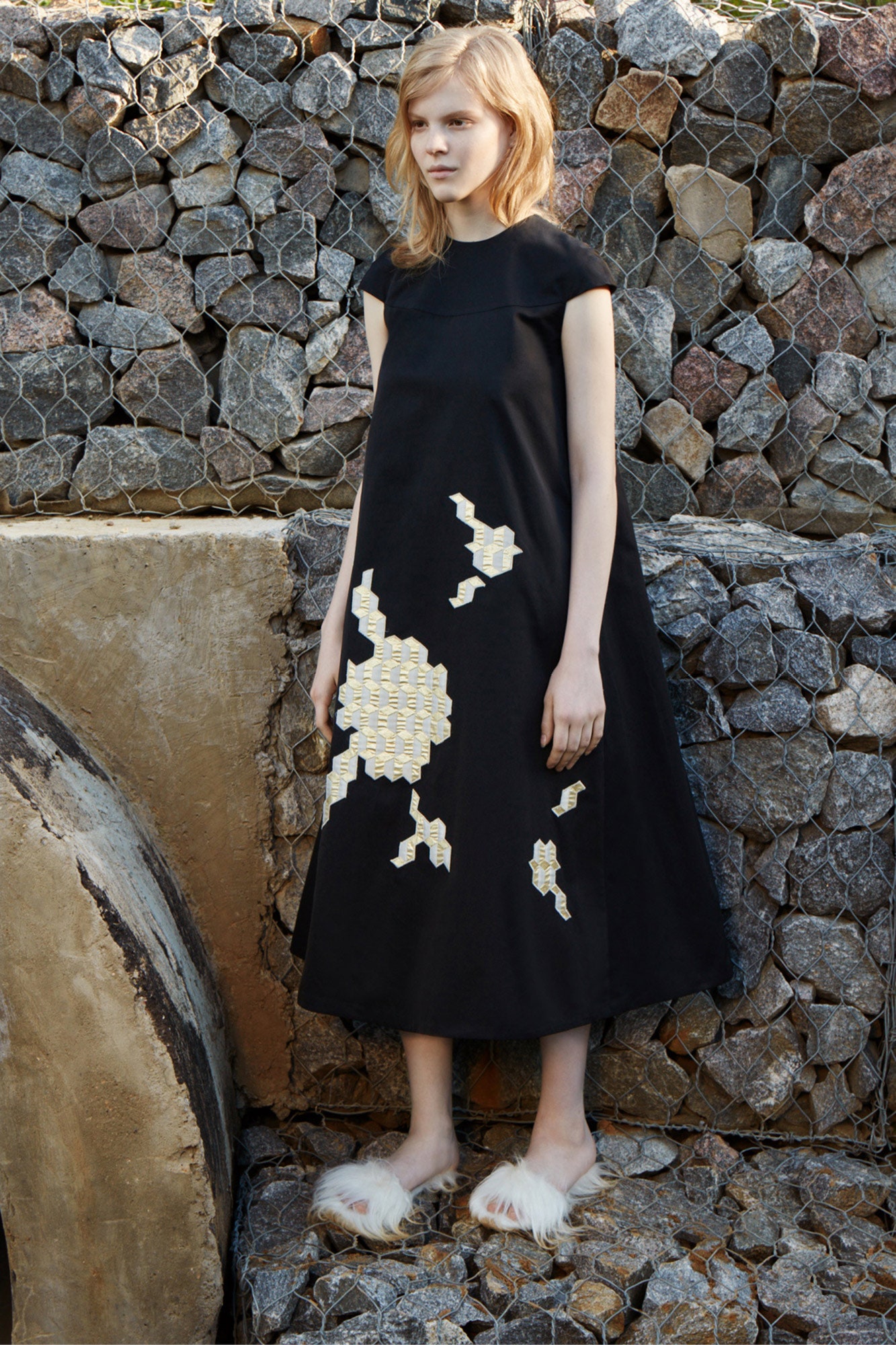 black cotton sleeveless high-neck relaxed a-line embroidered dress