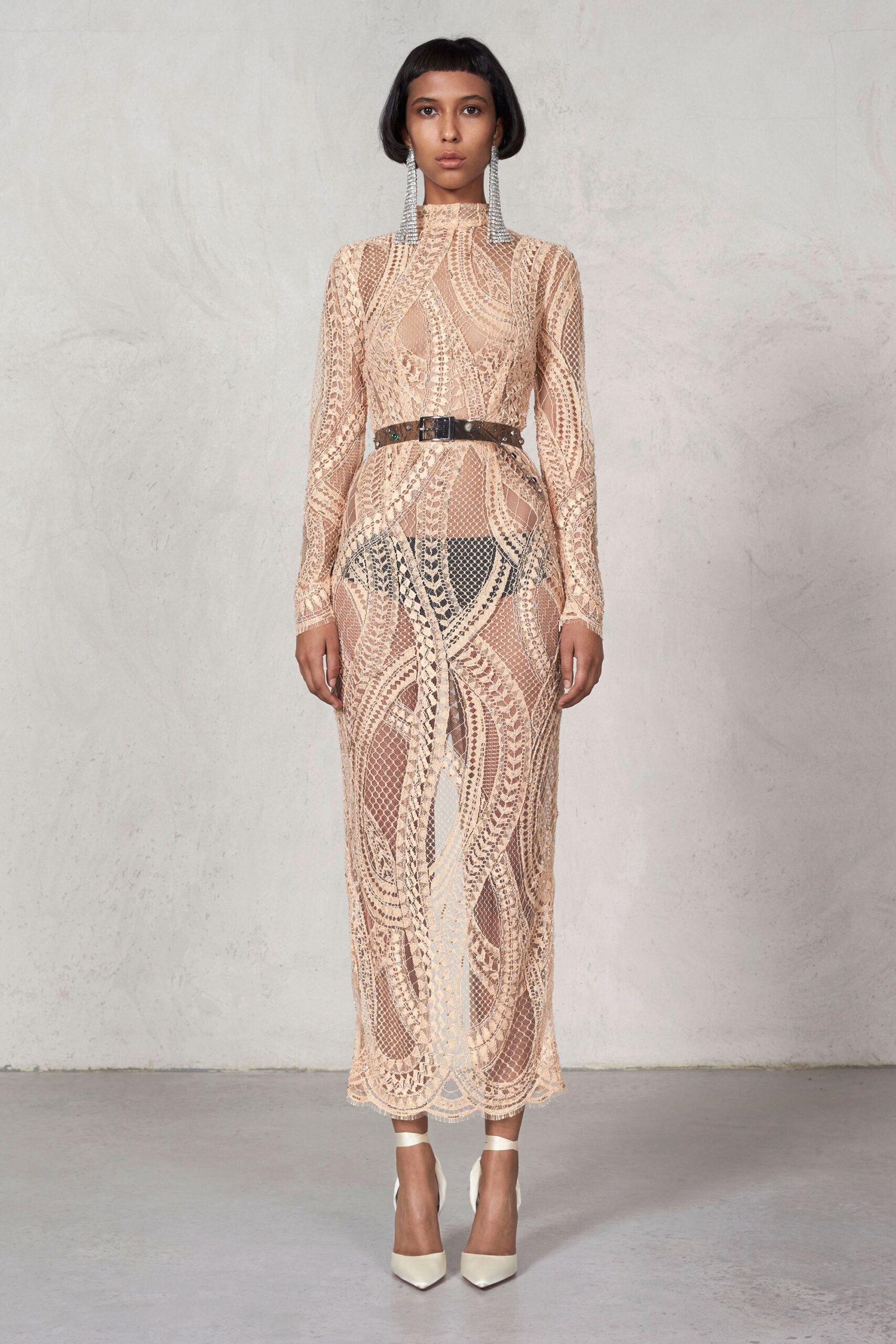 beige lace fitted dress
