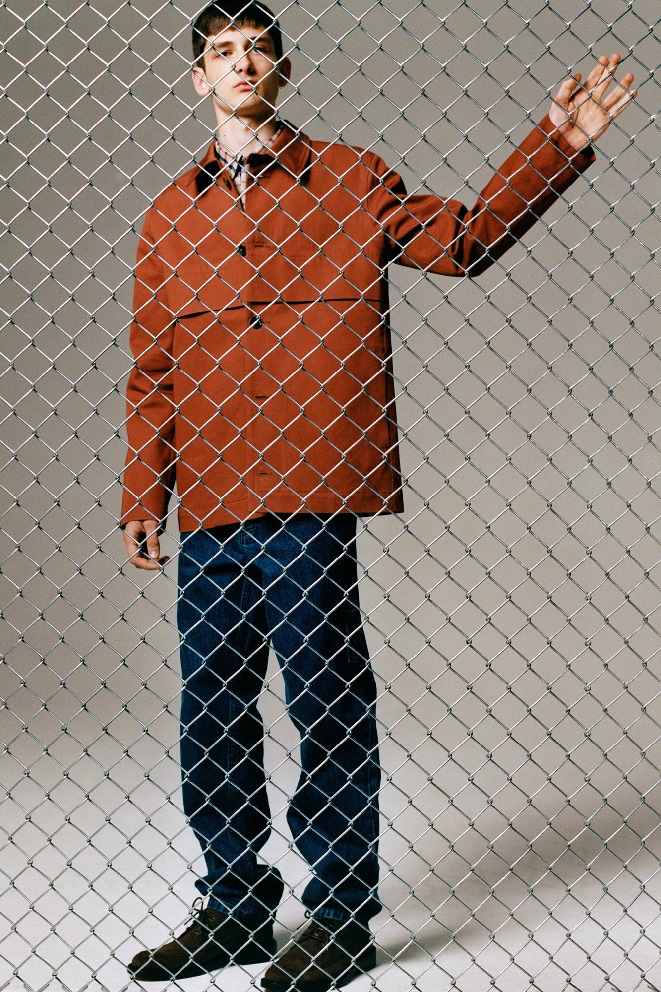 brown cotton relaxed jacket with blue denim pants