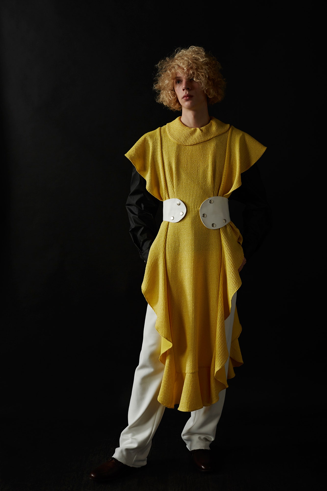 yellow draped midi dress with white pants