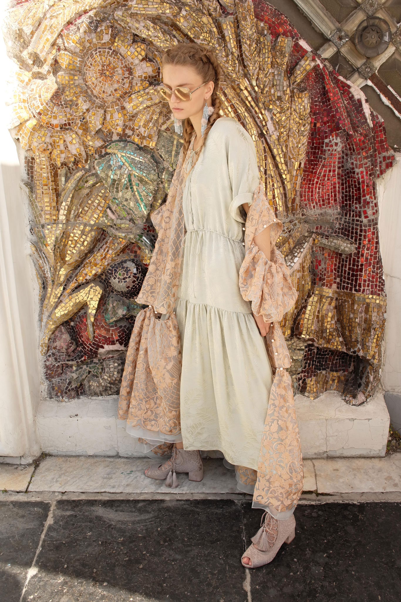 beige silk tiered dress with cape