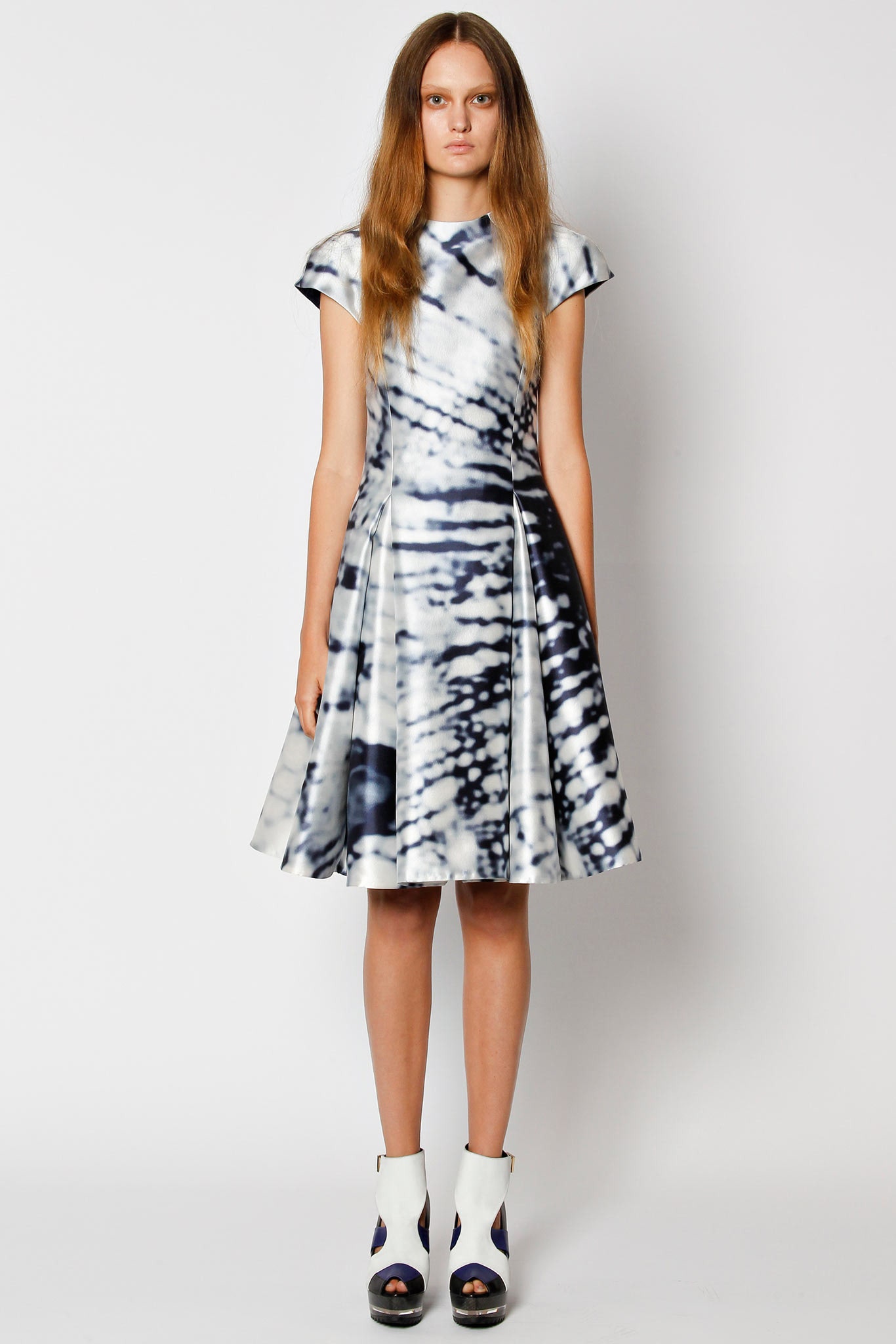 blue and white pleated dress