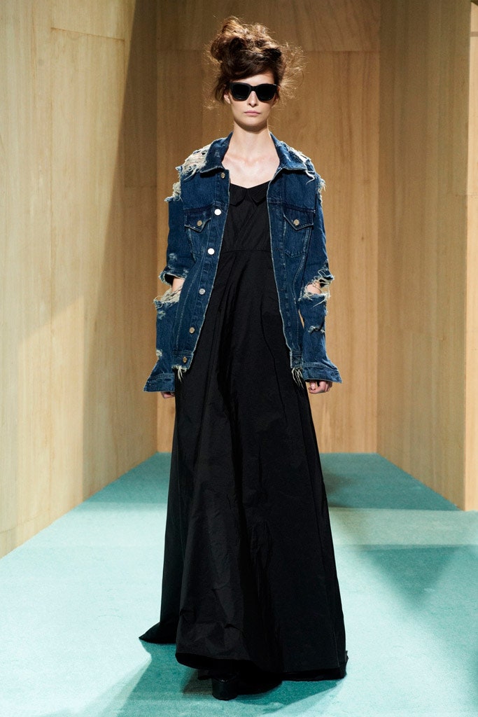 blue denim long-sleeve collared oversized distressed jacket