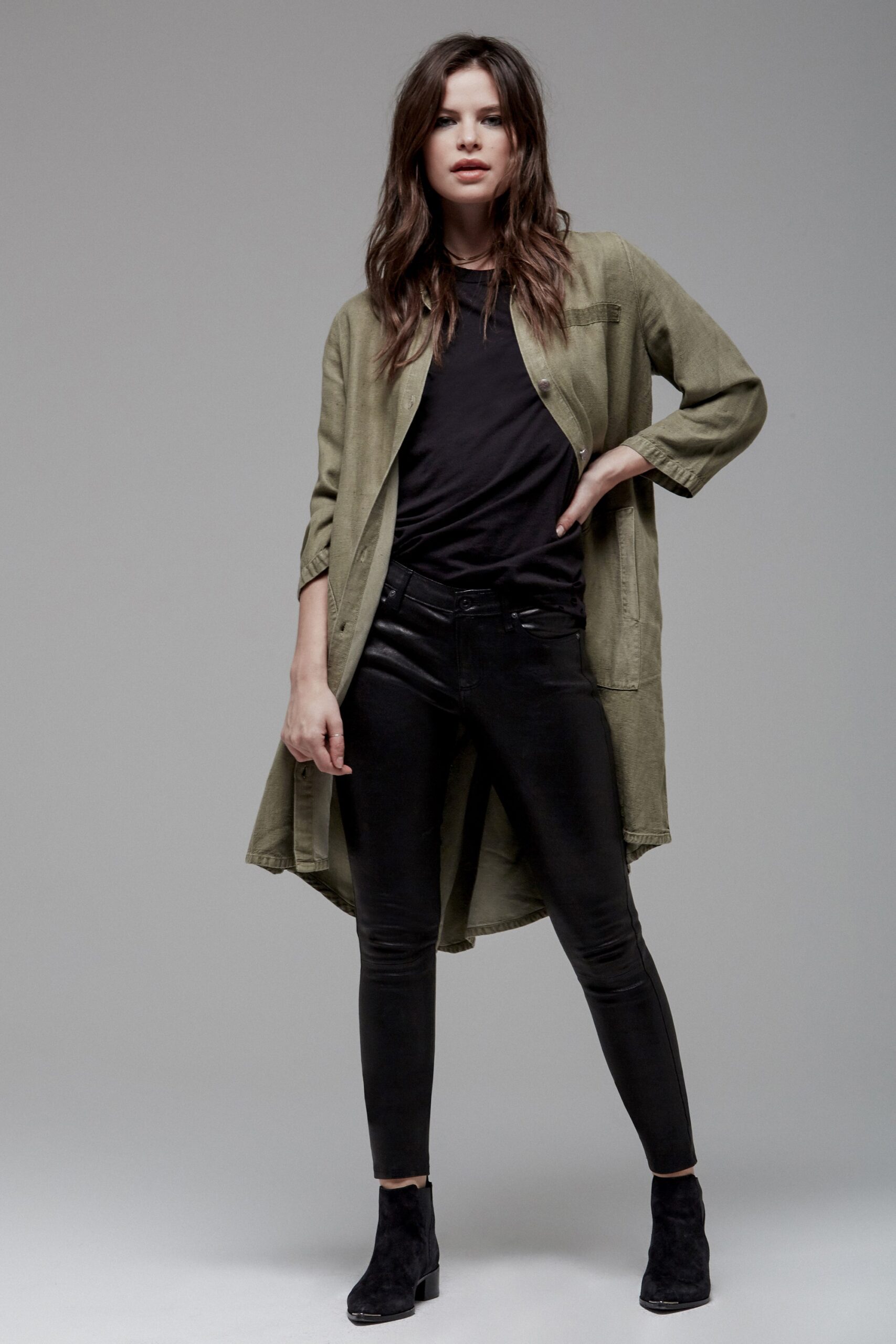 green long-sleeve collared oversized buttoned midi coat