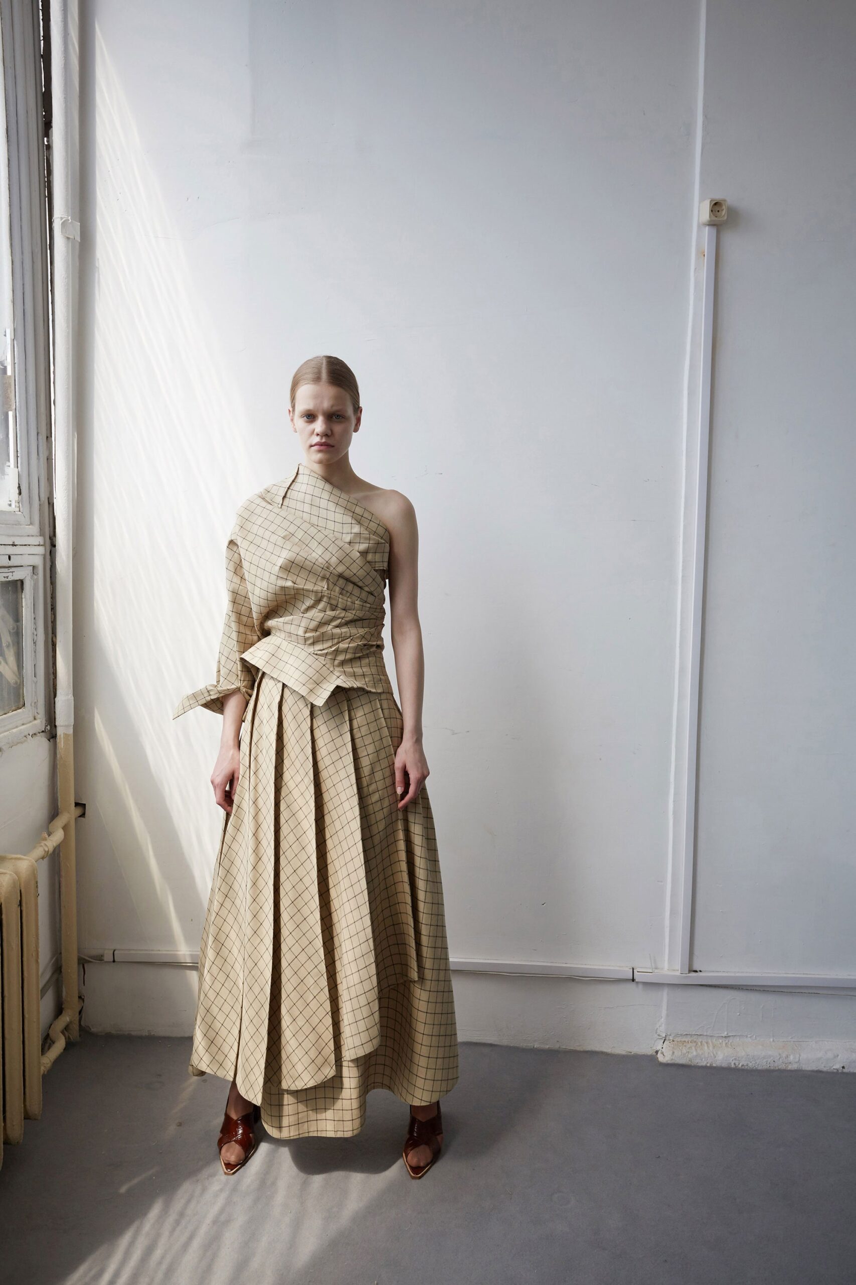 beige pleated asymmetric dress
