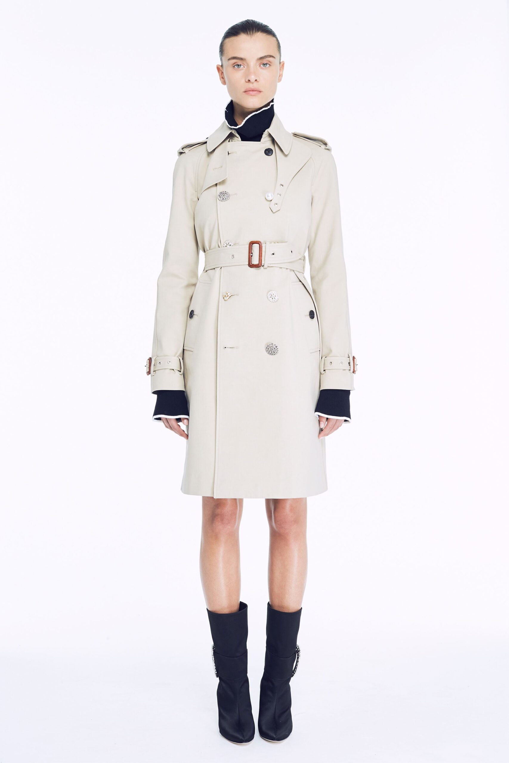 beige cotton long-sleeve collared fitted belted midi trench