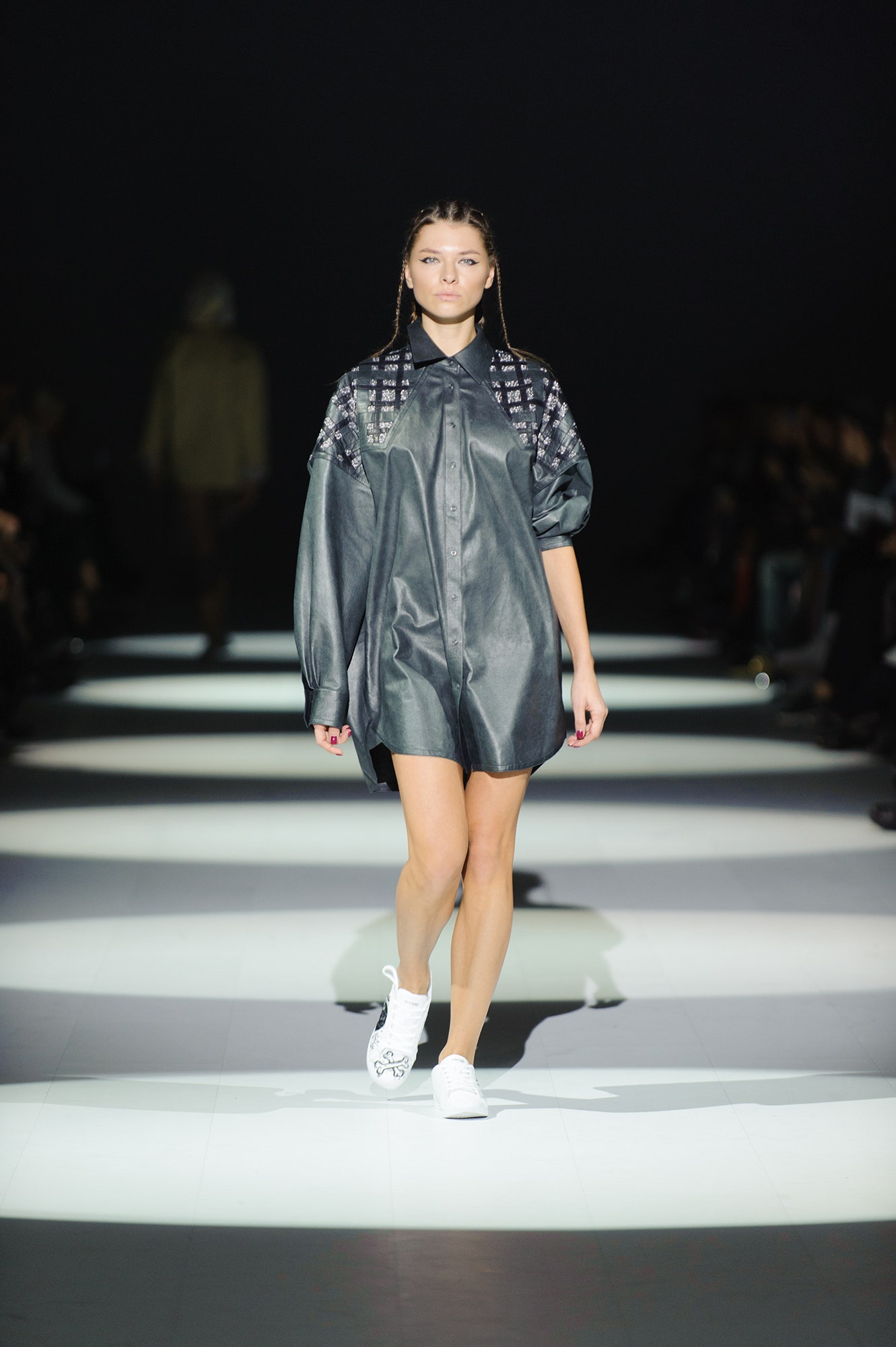 black cotton shirt-dress with white shoes