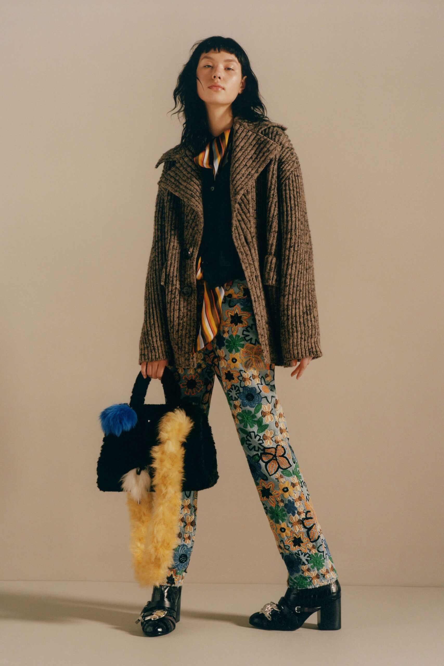 brown oversized wool jacket and printed pants