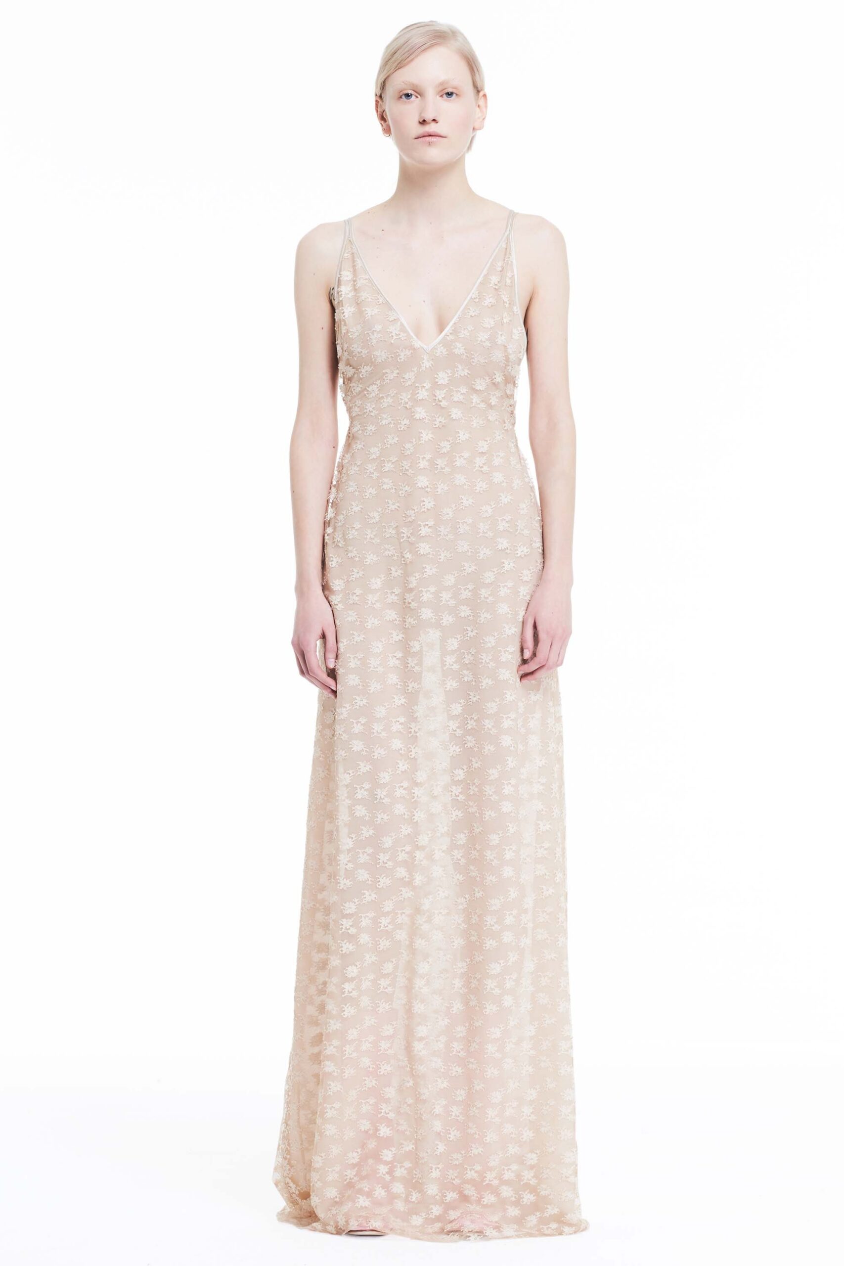beige silk sleeveless gown