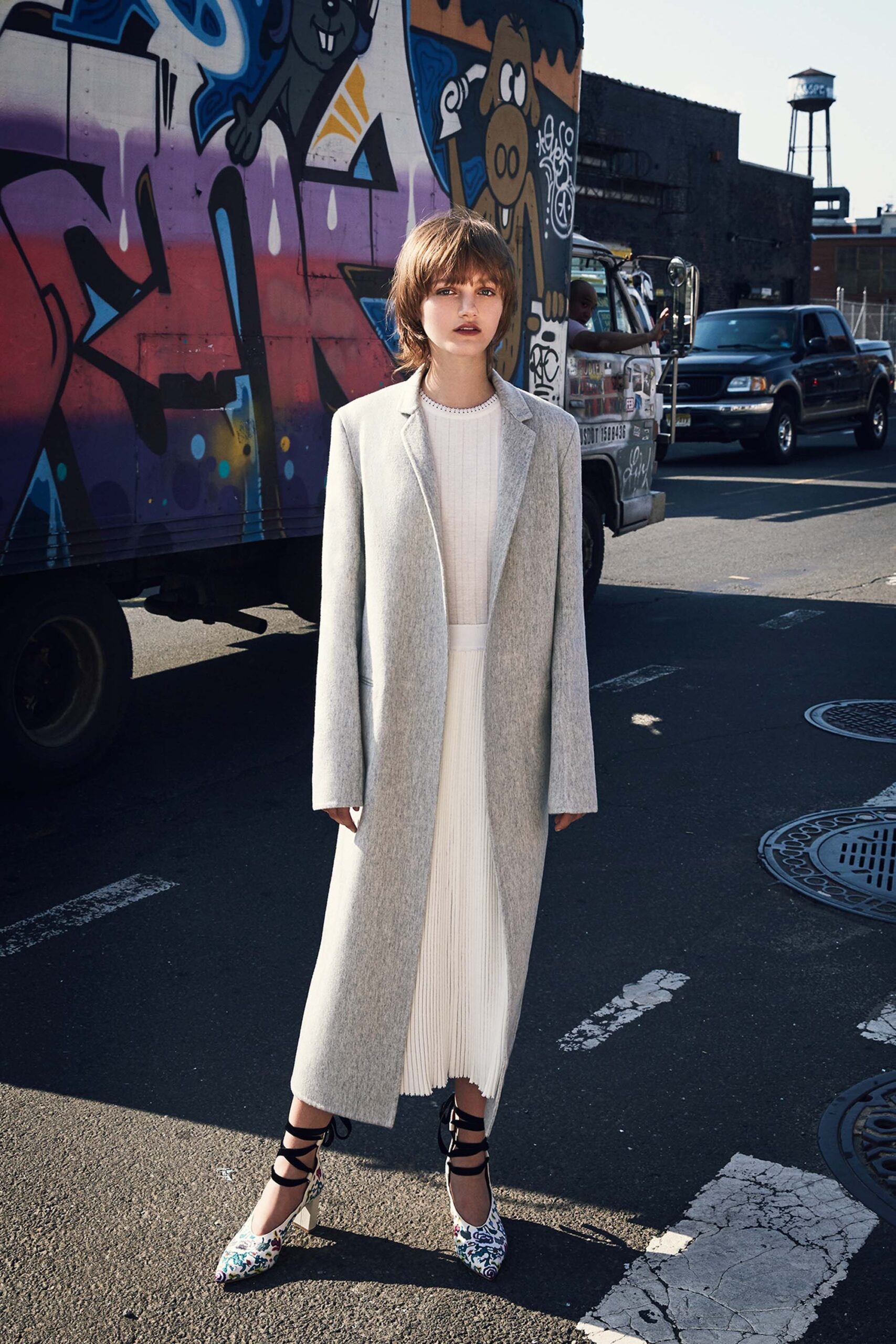 gray wool coat white pleated dress