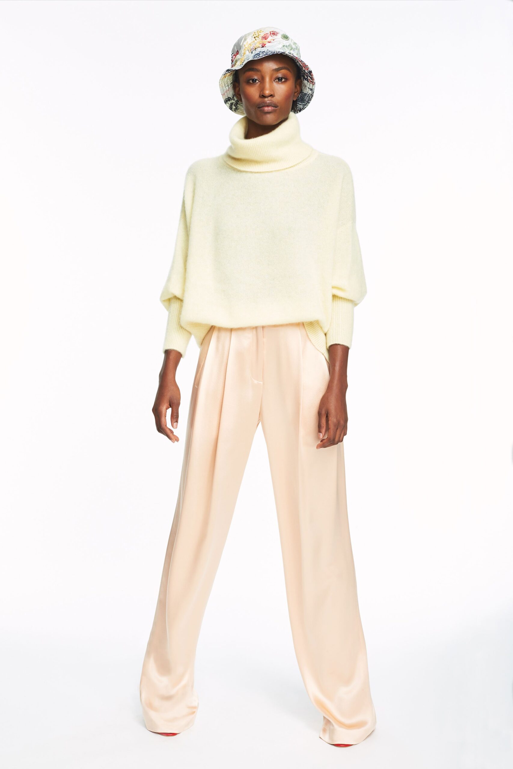 pink silk fitted pleated shiny pants