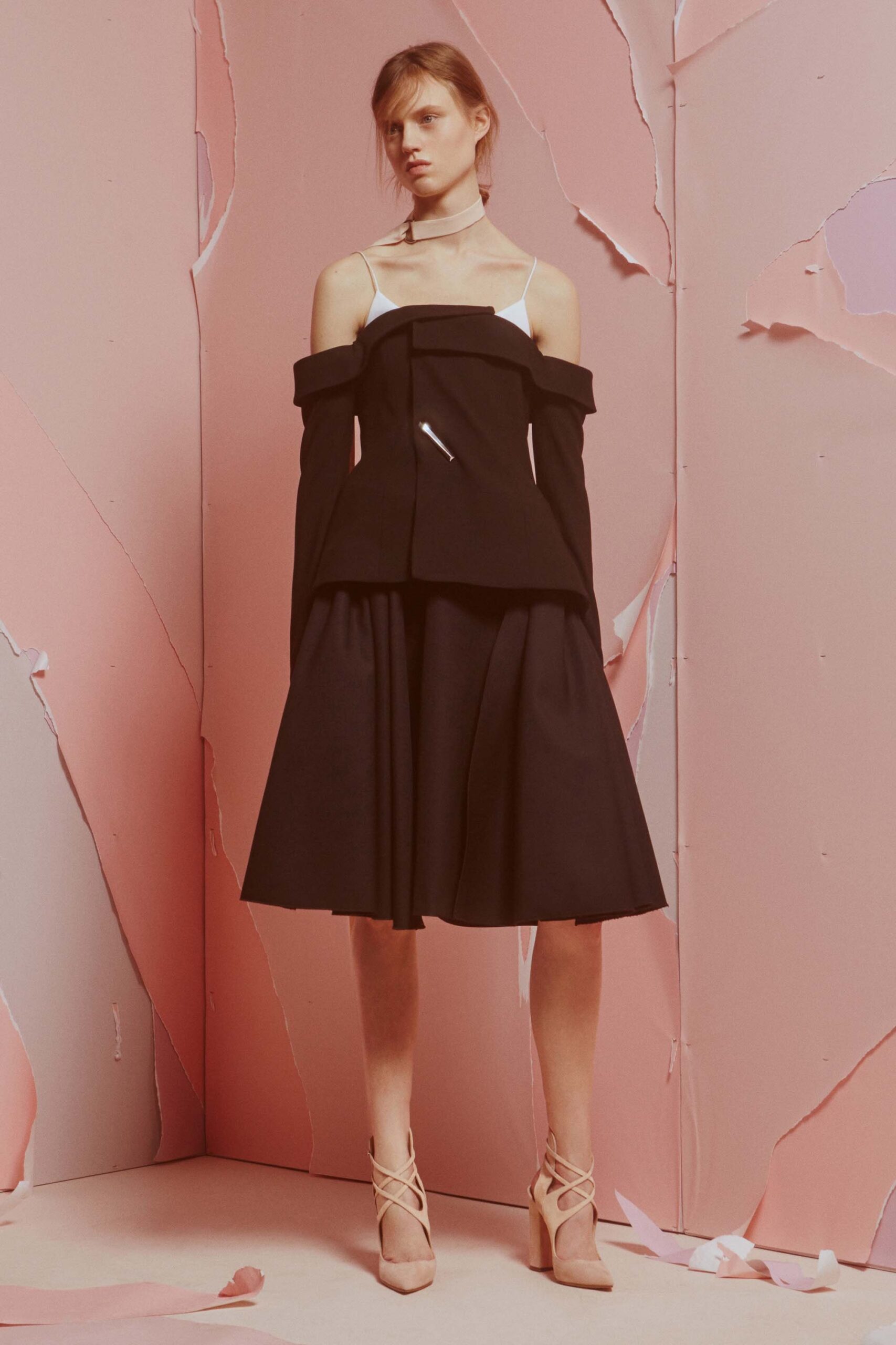 black off-shoulder midi dress with blazer