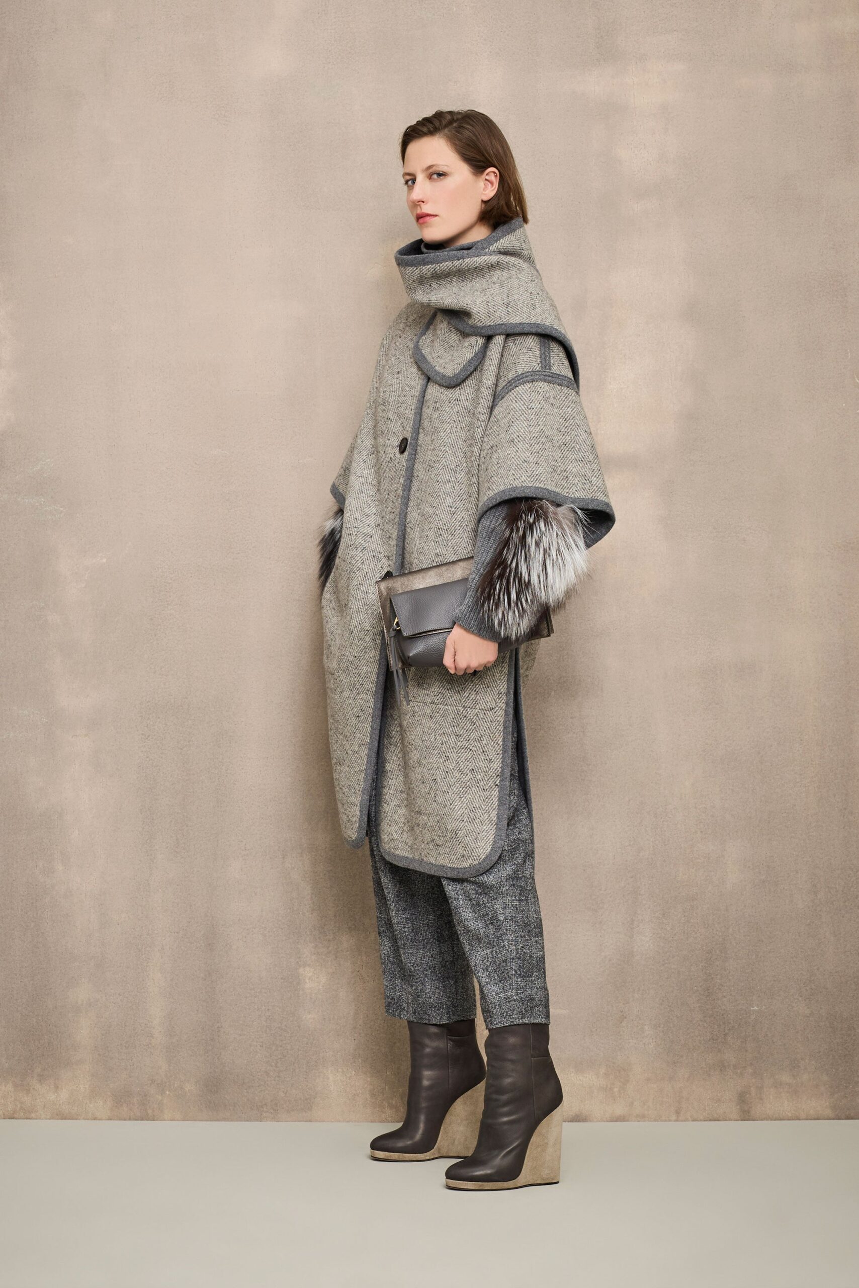 gray wool cape with tailored pants