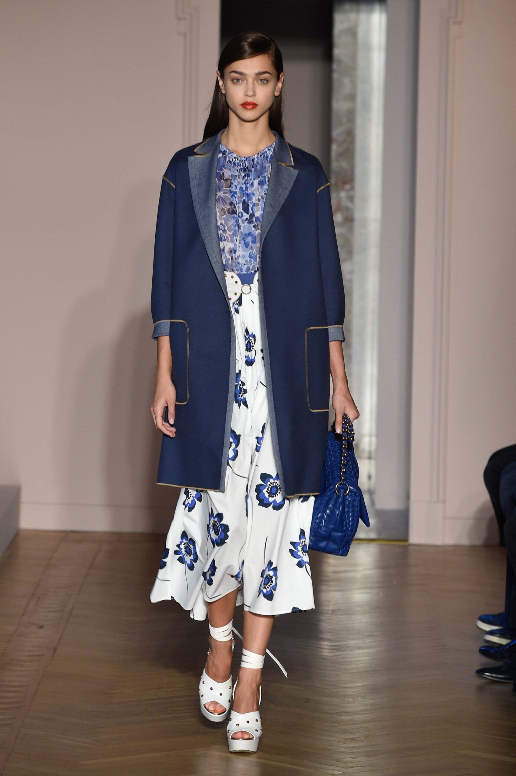 blue coat with floral skirt