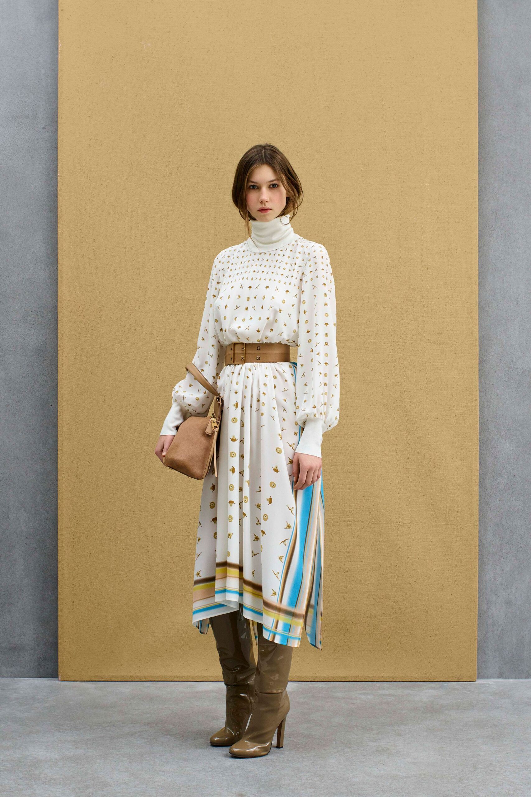 white silk long-sleeve high-neck fitted pleated embroidered dress