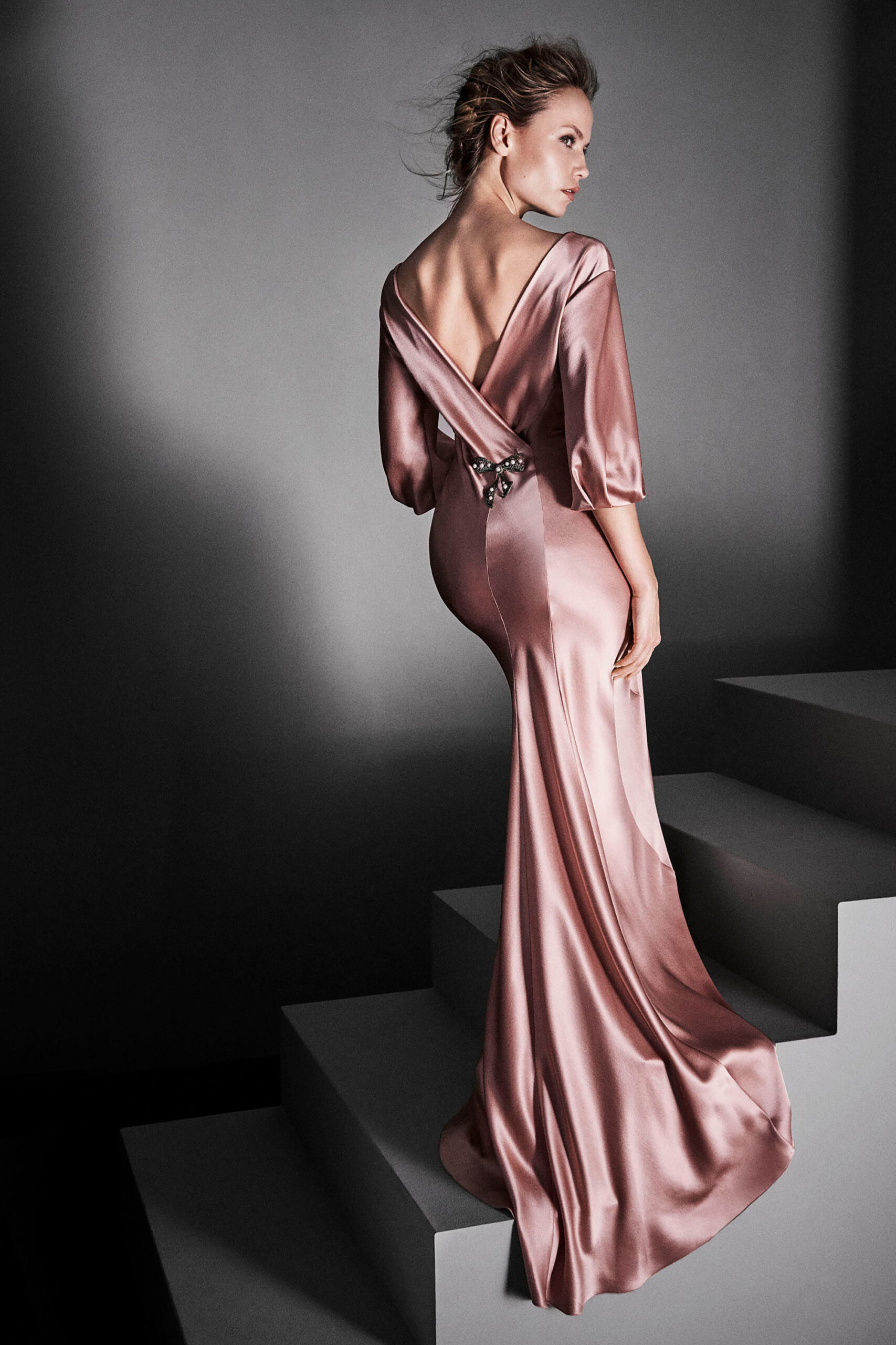 fitted pink silk gown