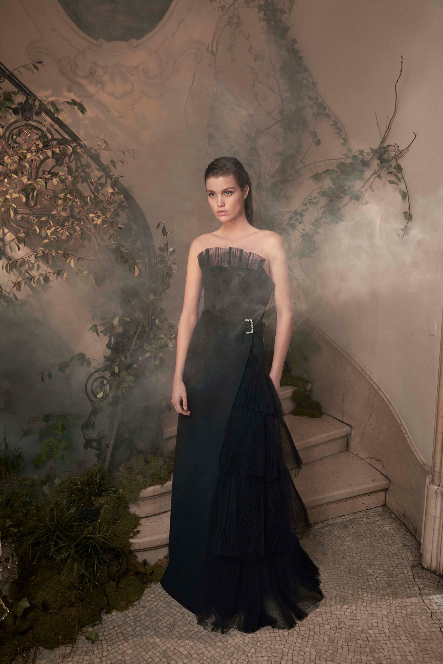 black strapless tiered gown