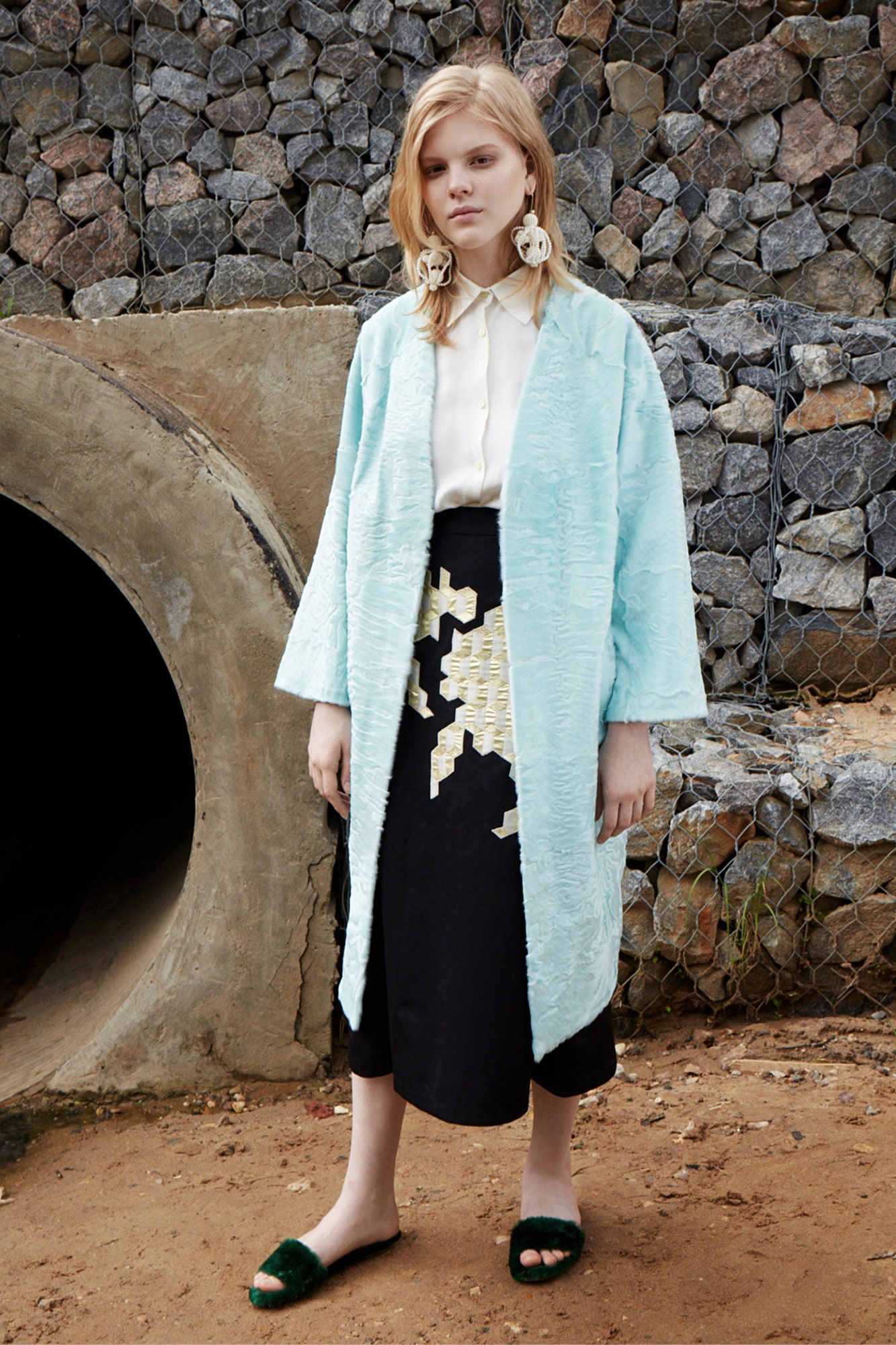 blue fur long-sleeve relaxed layered coat