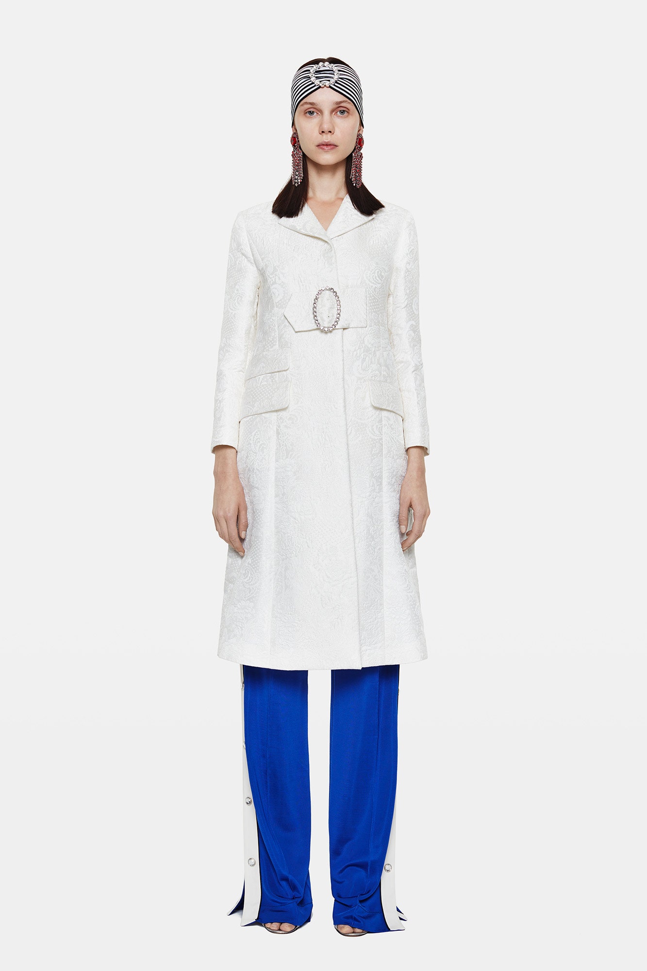 white silk long-sleeve collared fitted embroidered midi coat