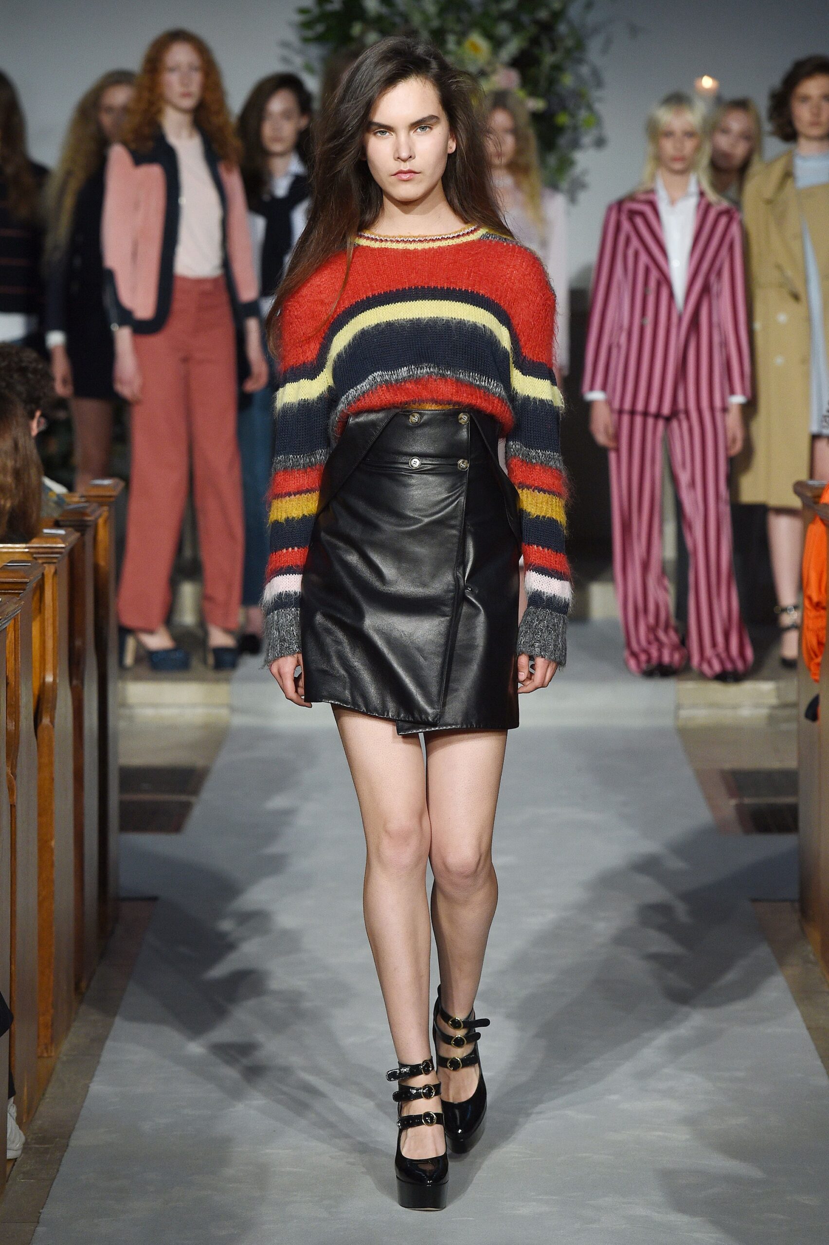 fitted wool sweater and leather skirt