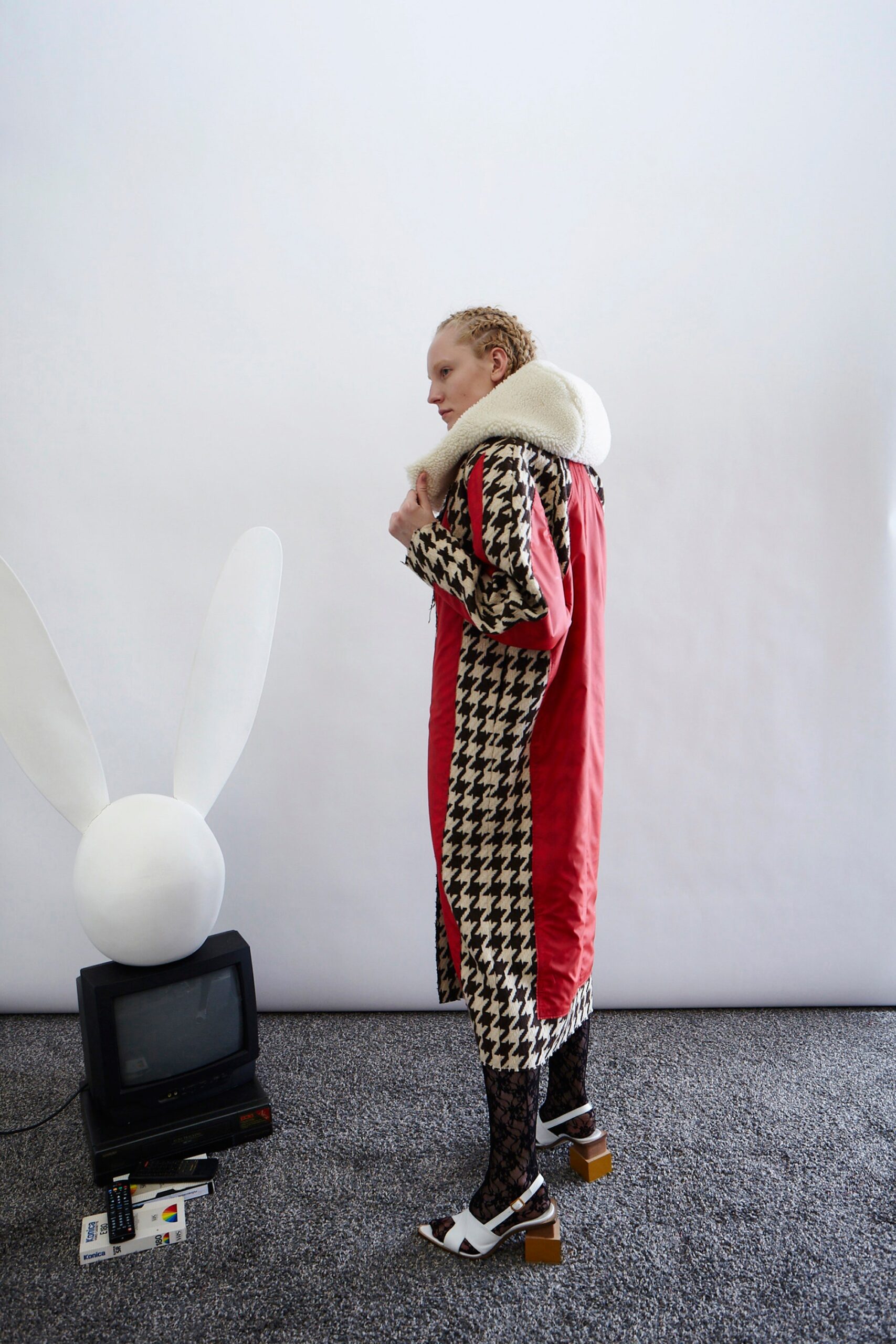 red and black checked coat