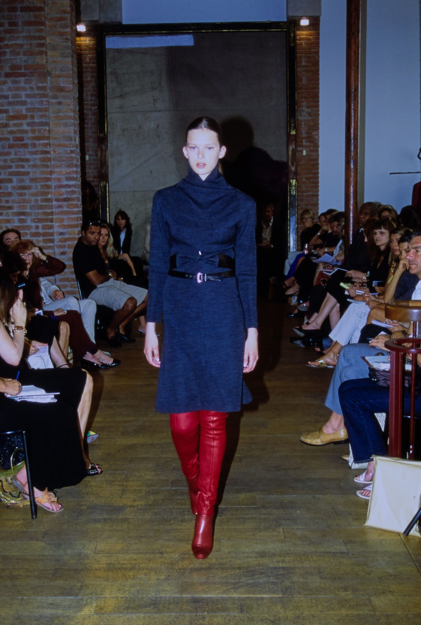 blue wool fitted dress with red boots