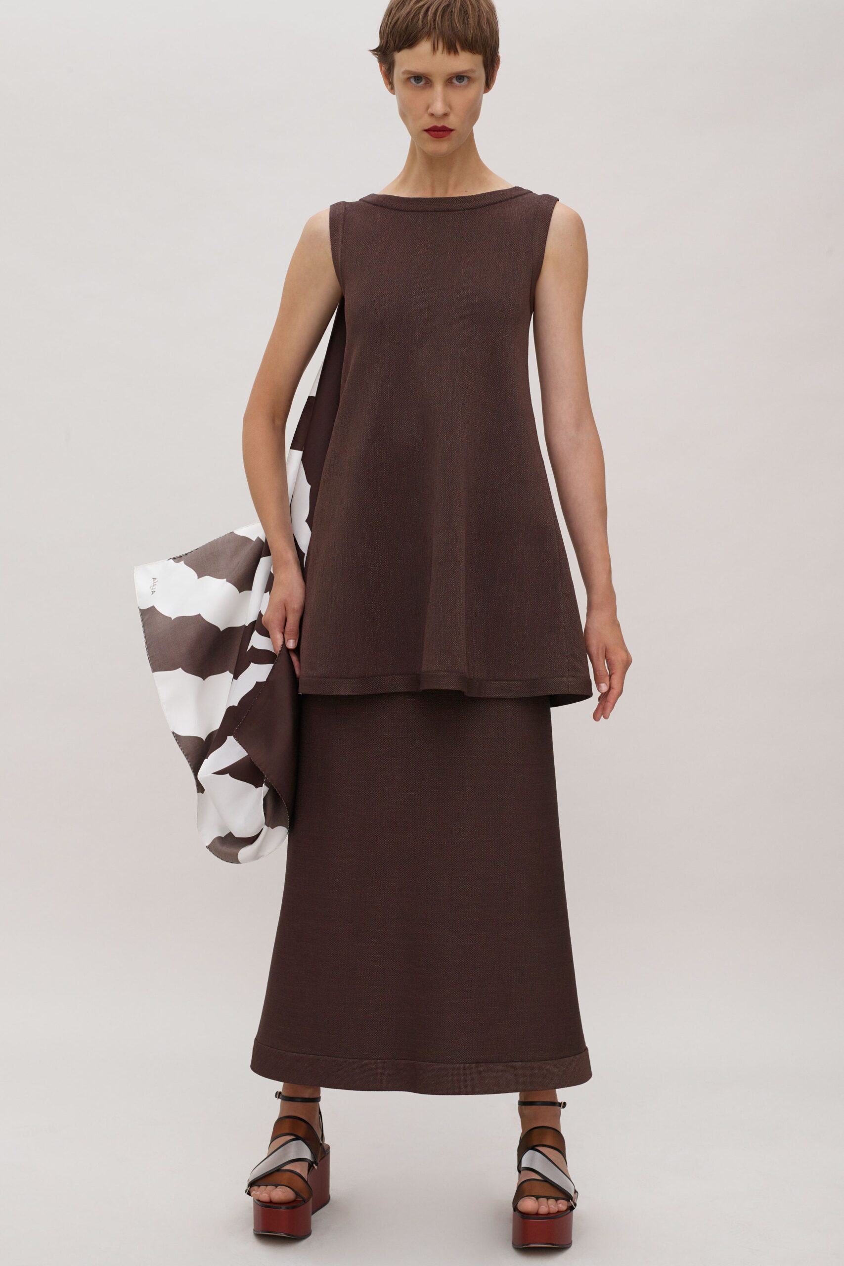 brown cotton sleeveless high-neck relaxed layered short top