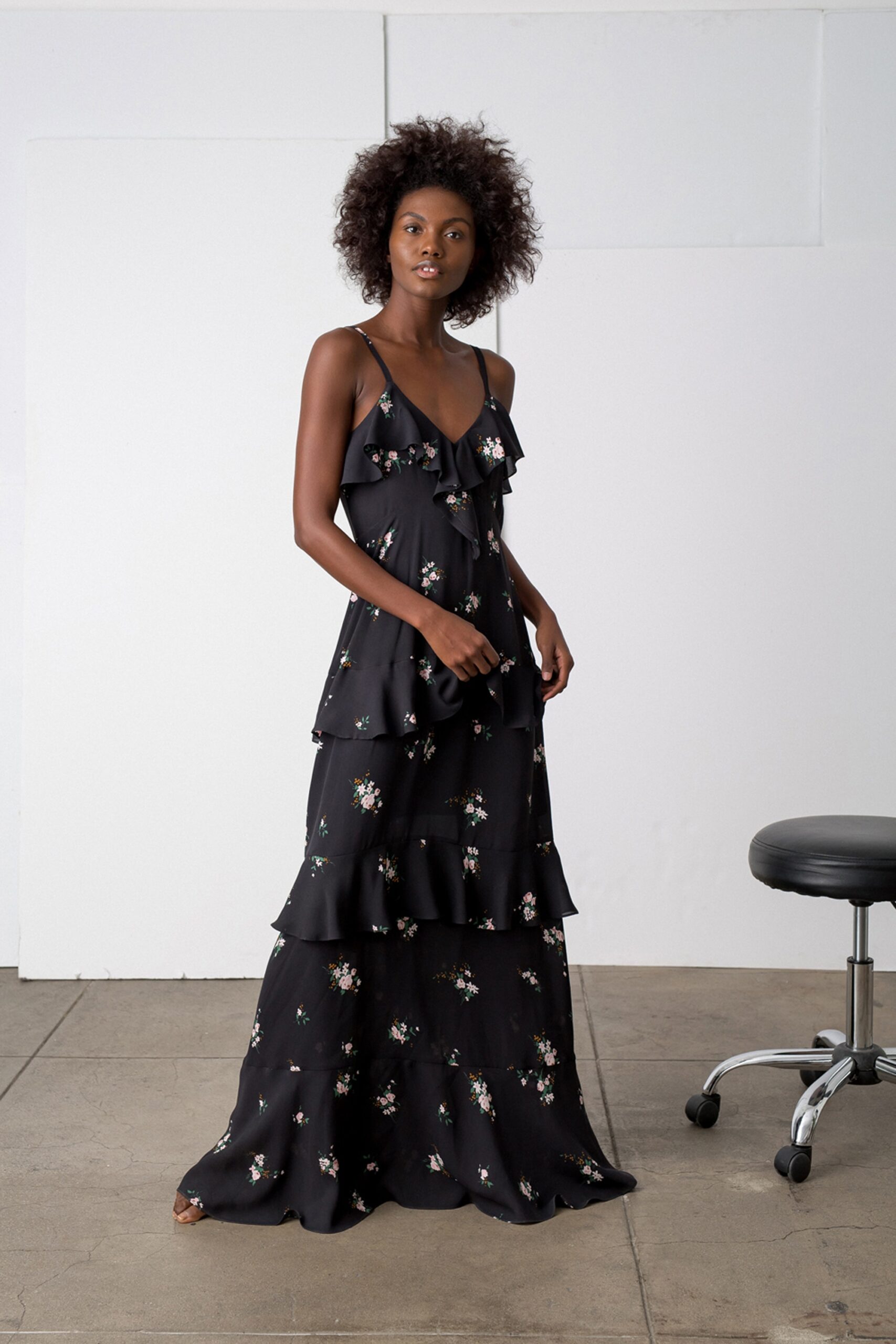 black silk ruffled maxi dress