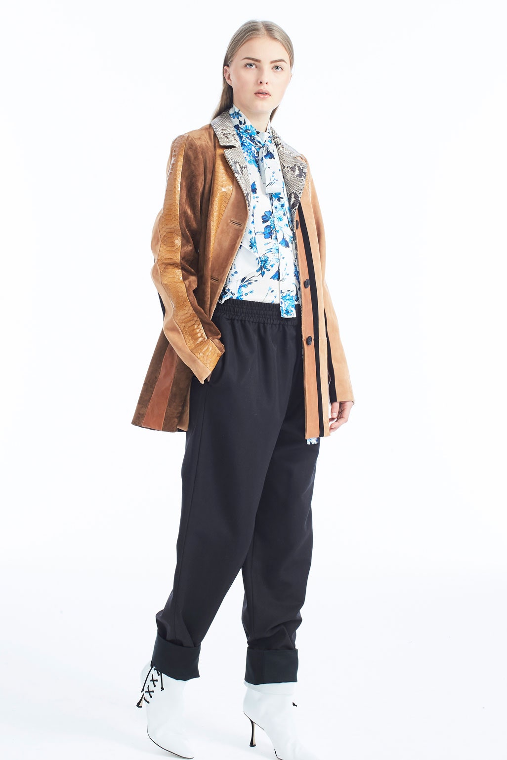 brown leather jacket with printed shirt