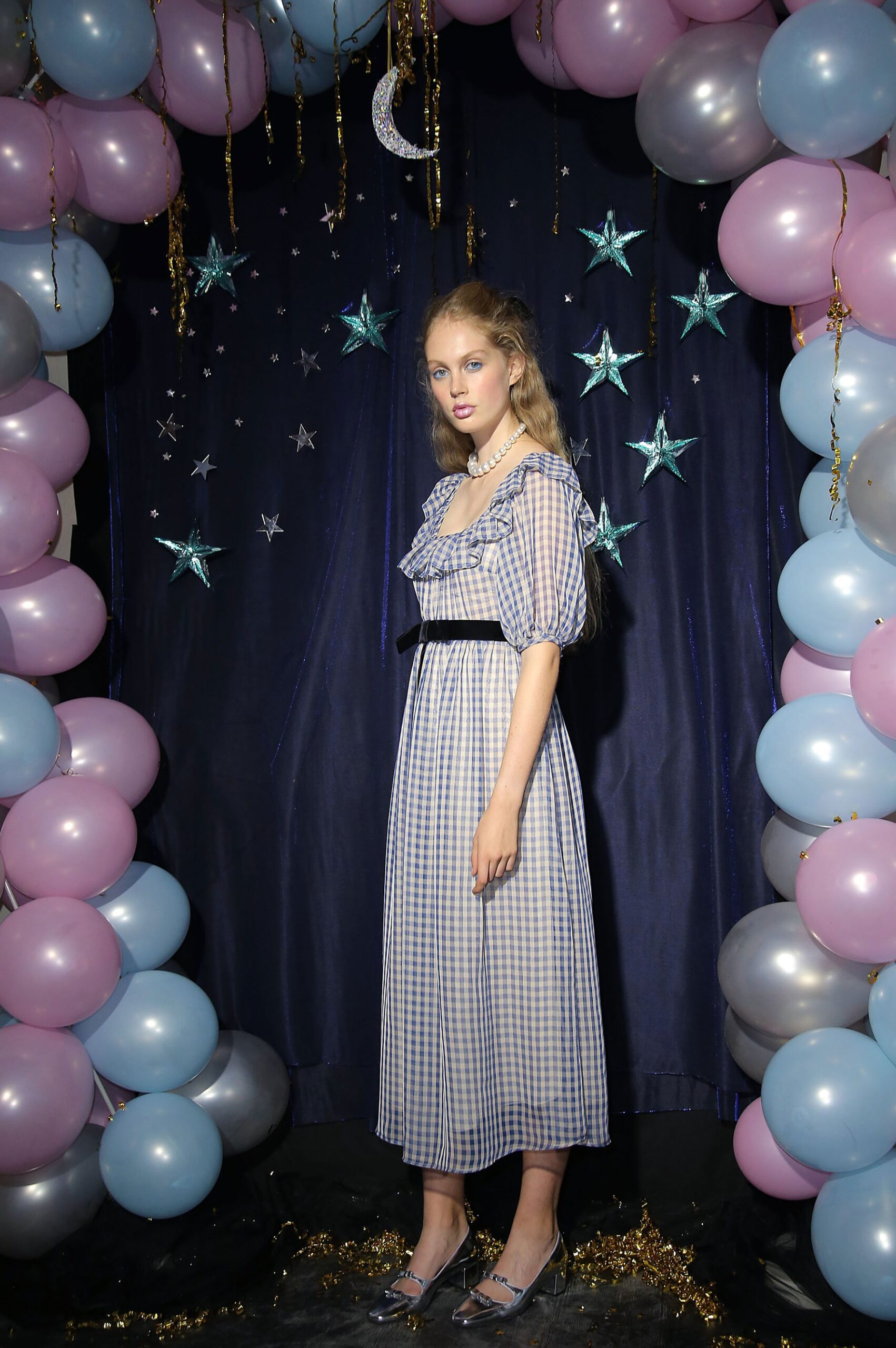 blue and white checked midi dress