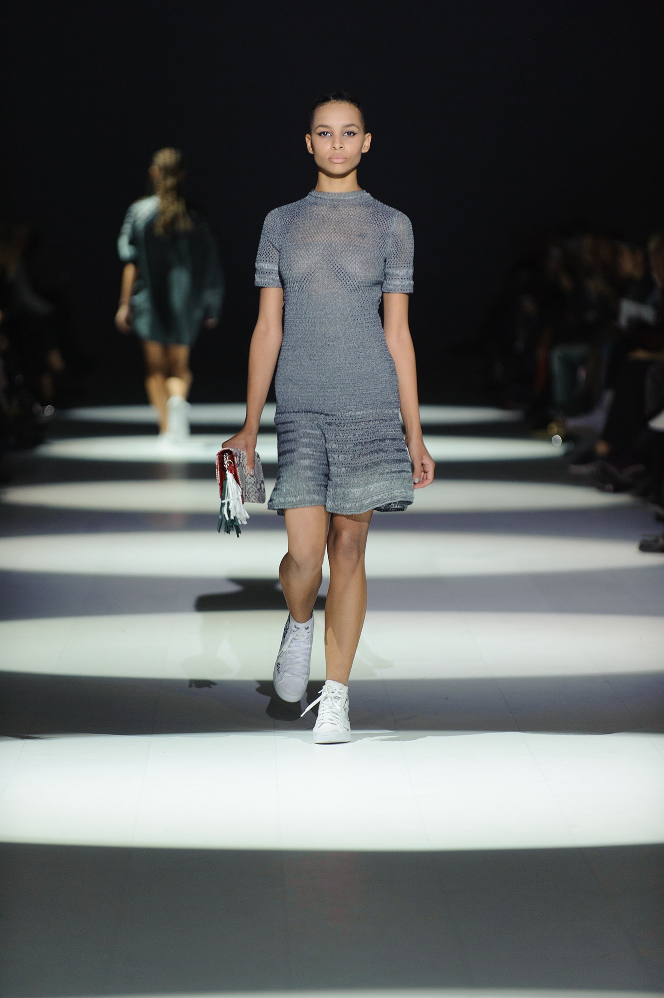 gray knit sleeveless high-neck fitted pleated sheer dress