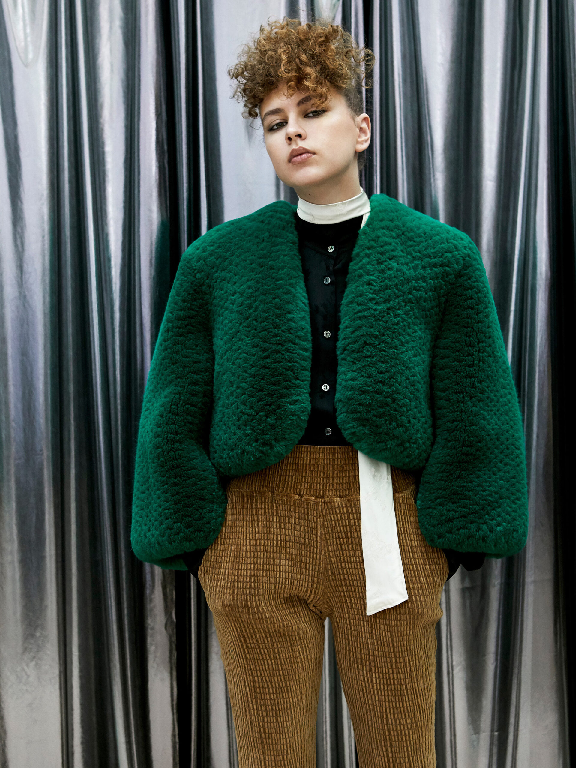 green faux-fur long-sleeve relaxed textured jacket