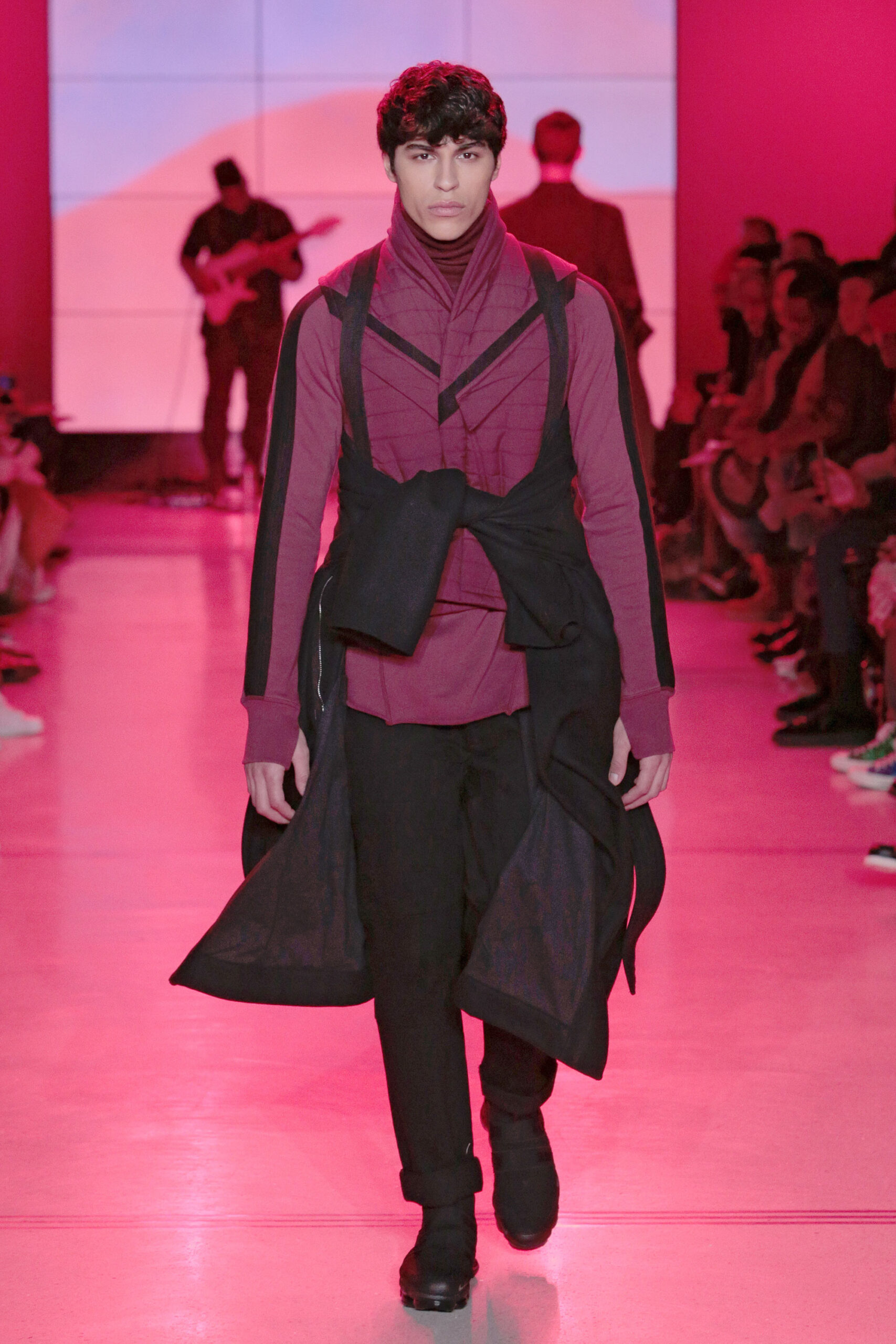 black relaxed jacket red fitted shirt