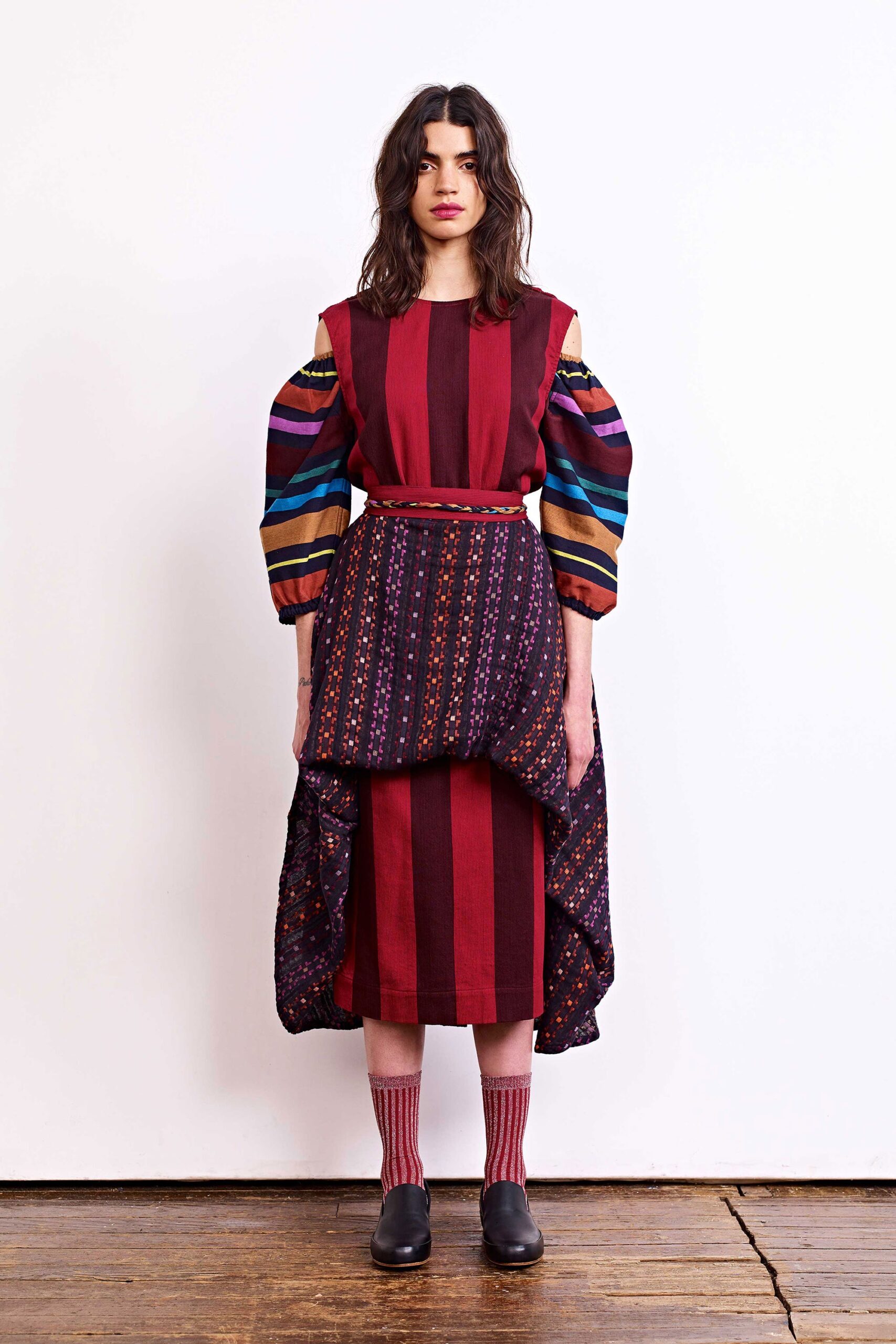 red and purple pleated midi dress