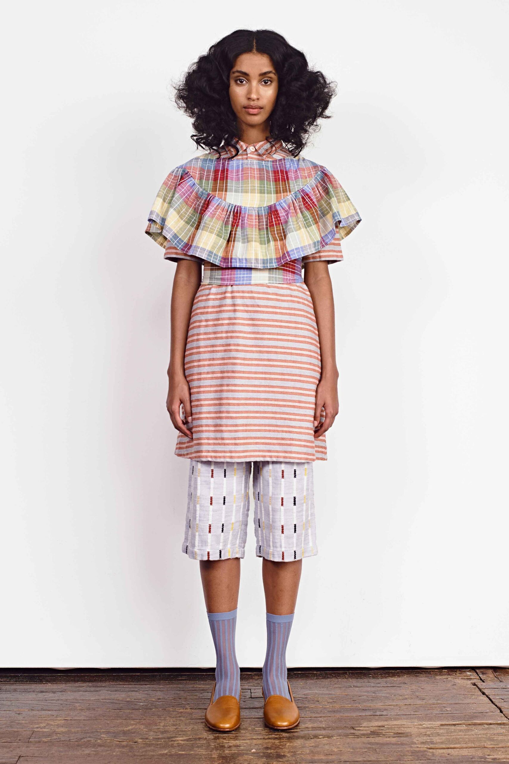 multi cotton short-sleeve collared relaxed pleated layered top