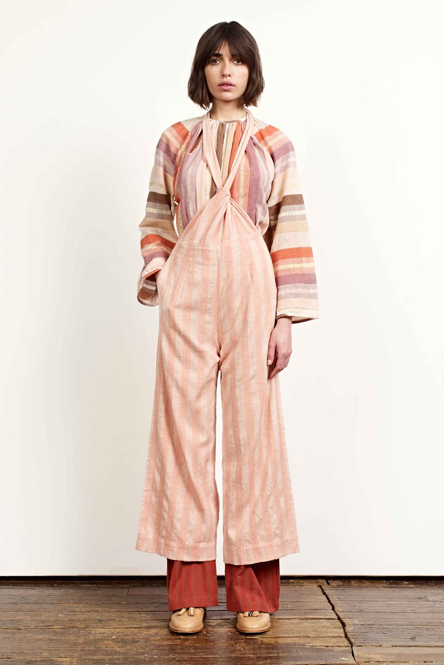 pink cotton sleeveless v-neck relaxed striped wide-leg jumpsuit