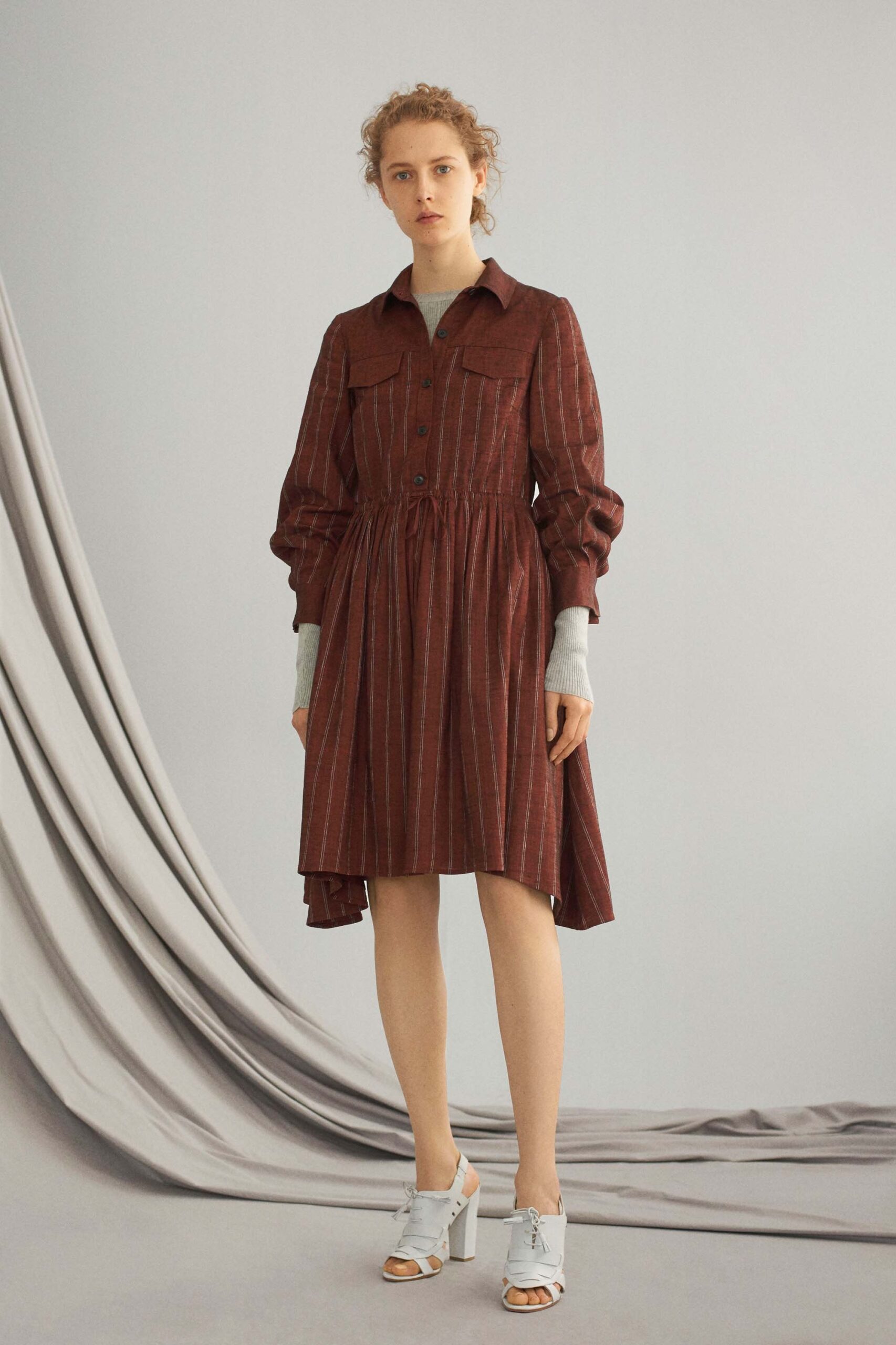 brown cotton long-sleeve collared relaxed buttoned tiered dress