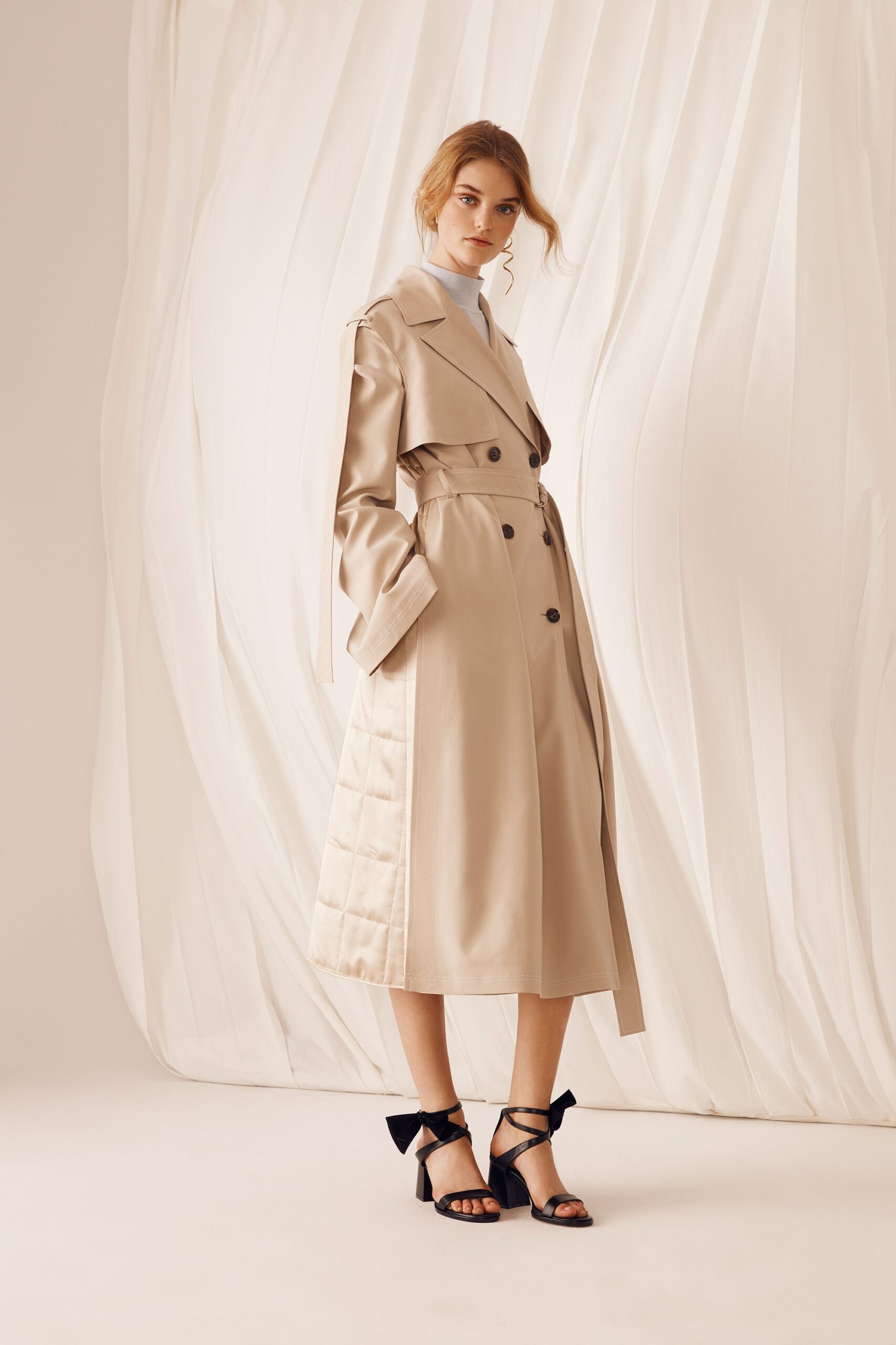 beige silk belted trench coat