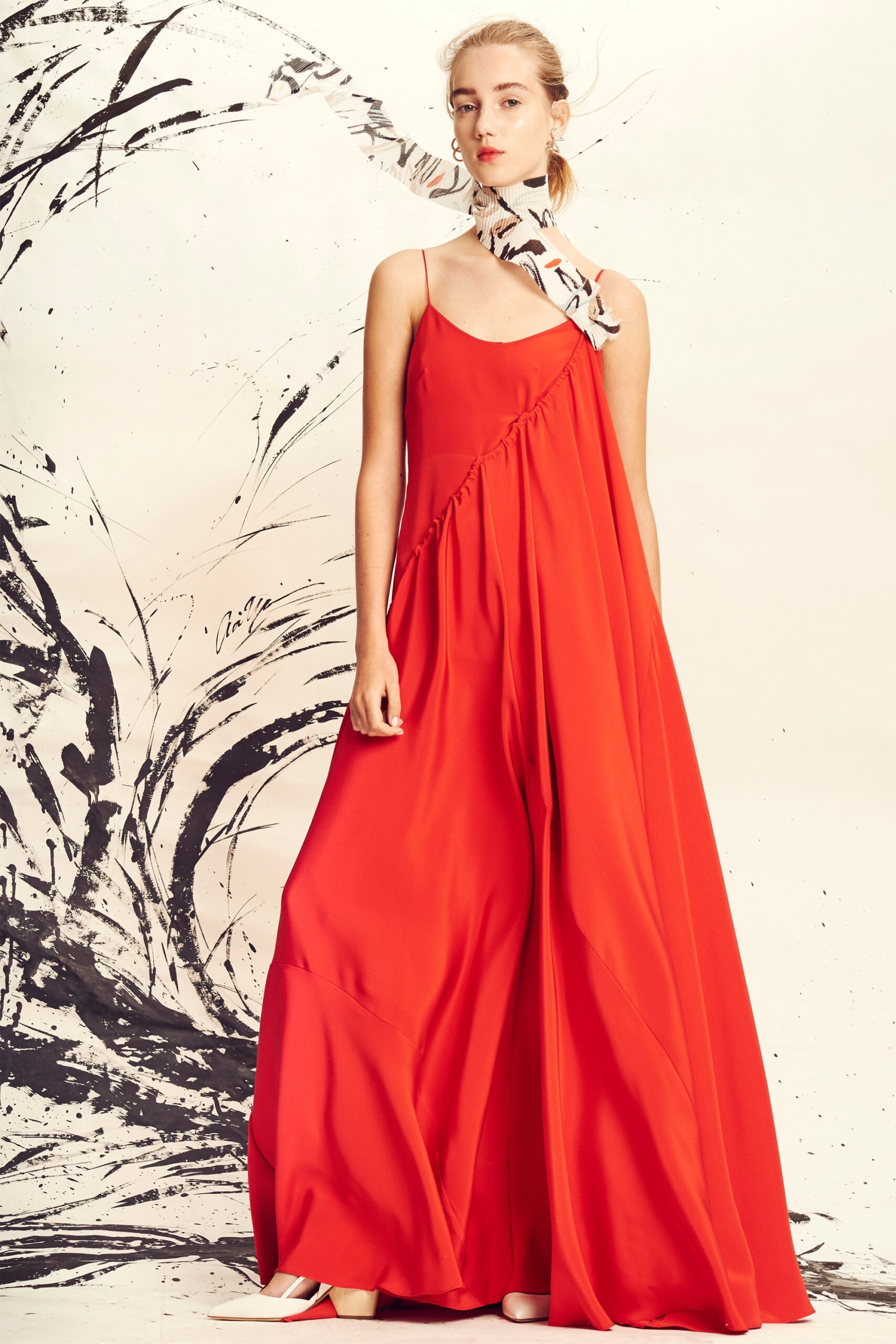 red silk sleeveless v-neck relaxed draped flowing dress
