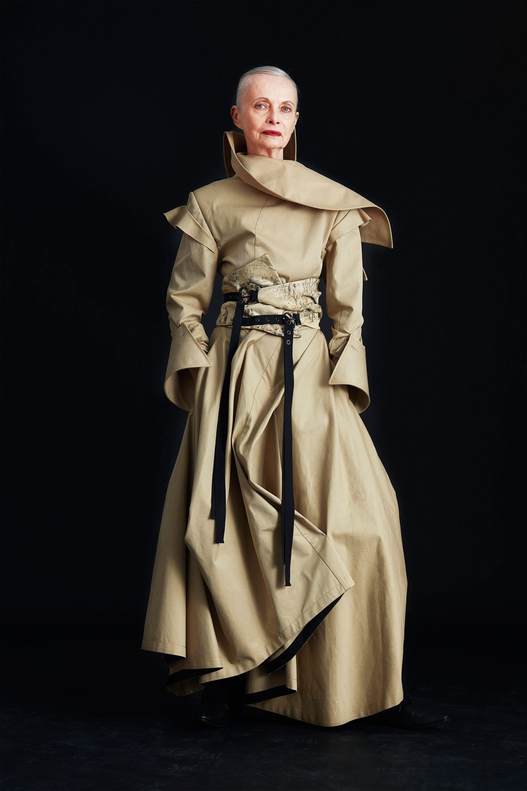 beige draped long-sleeve dress