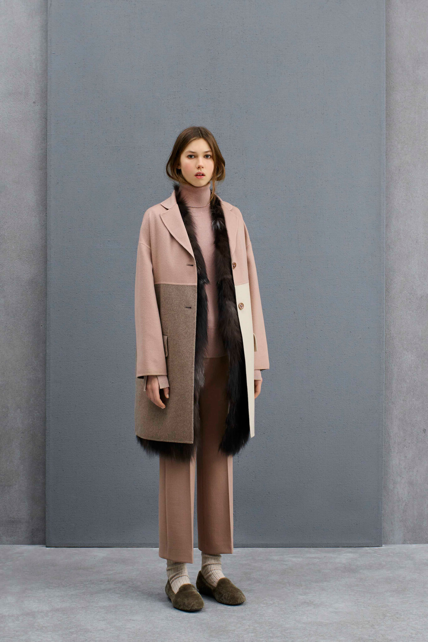 pink wool long-sleeve collared relaxed color-blocked coat