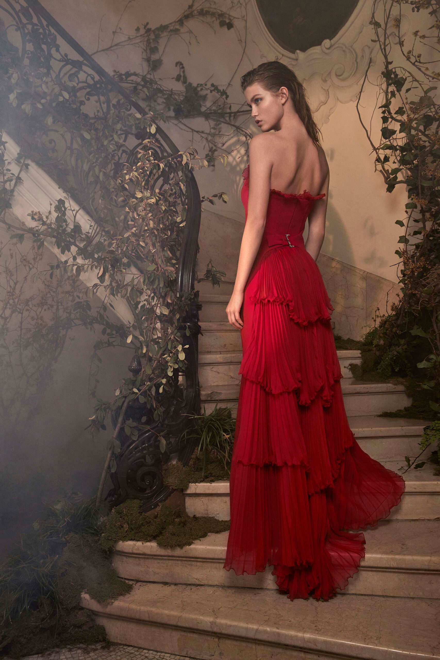 red silk strapless gown