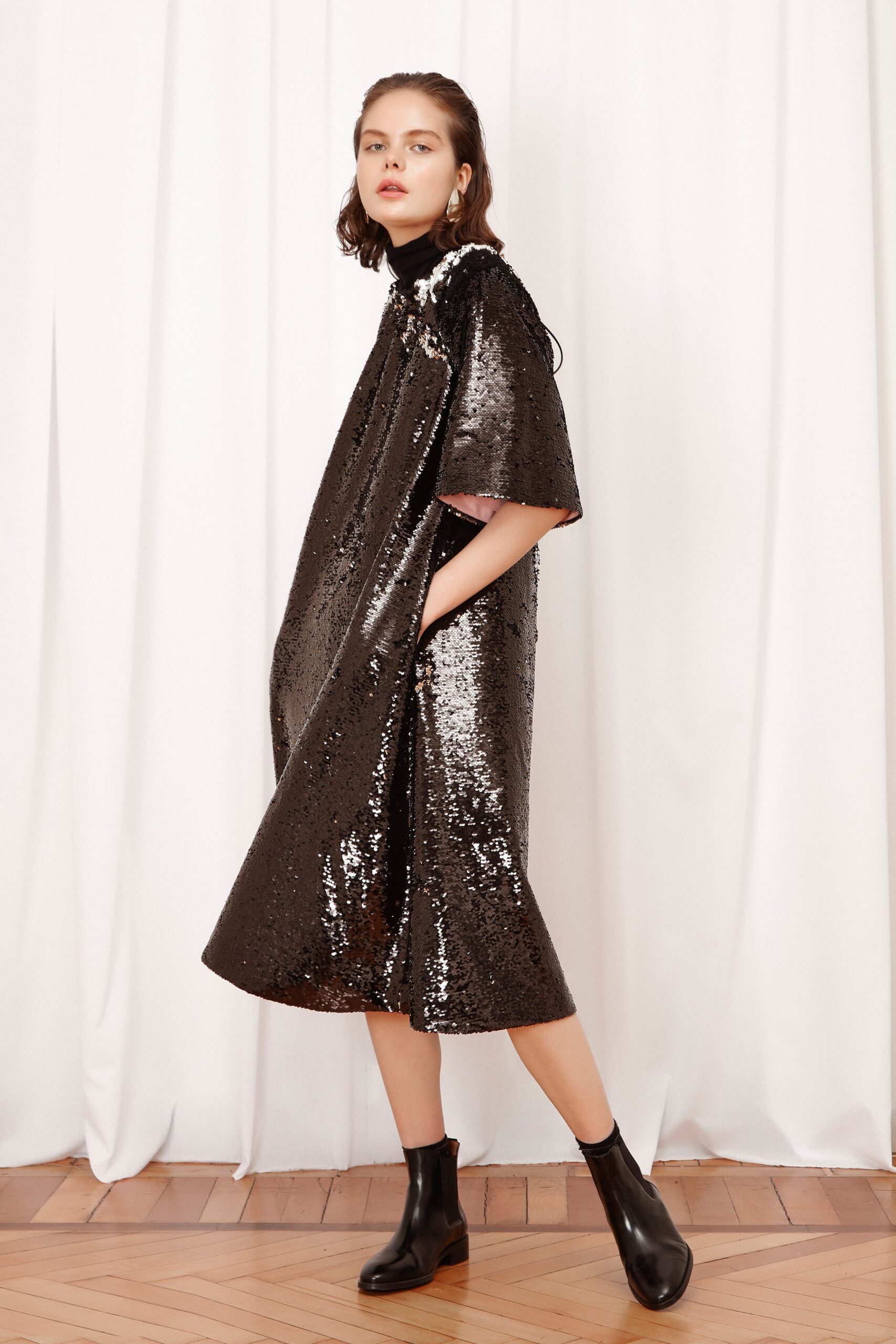 black sequin relaxed midi dress