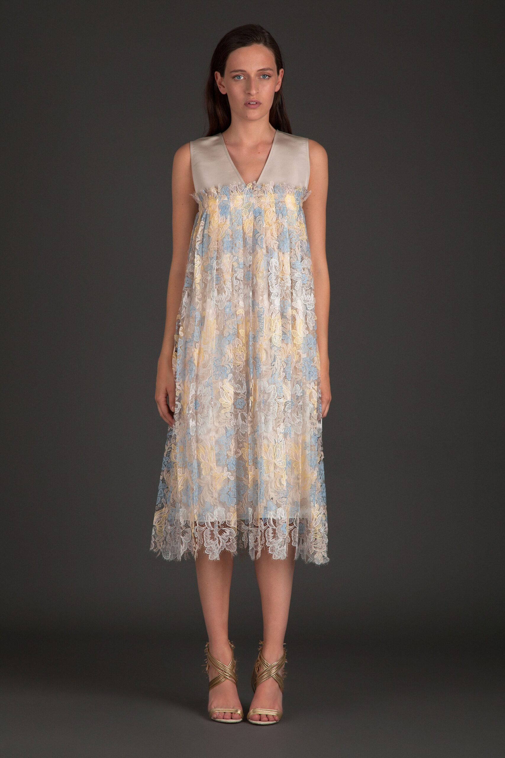 blue and yellow embroidered midi dress