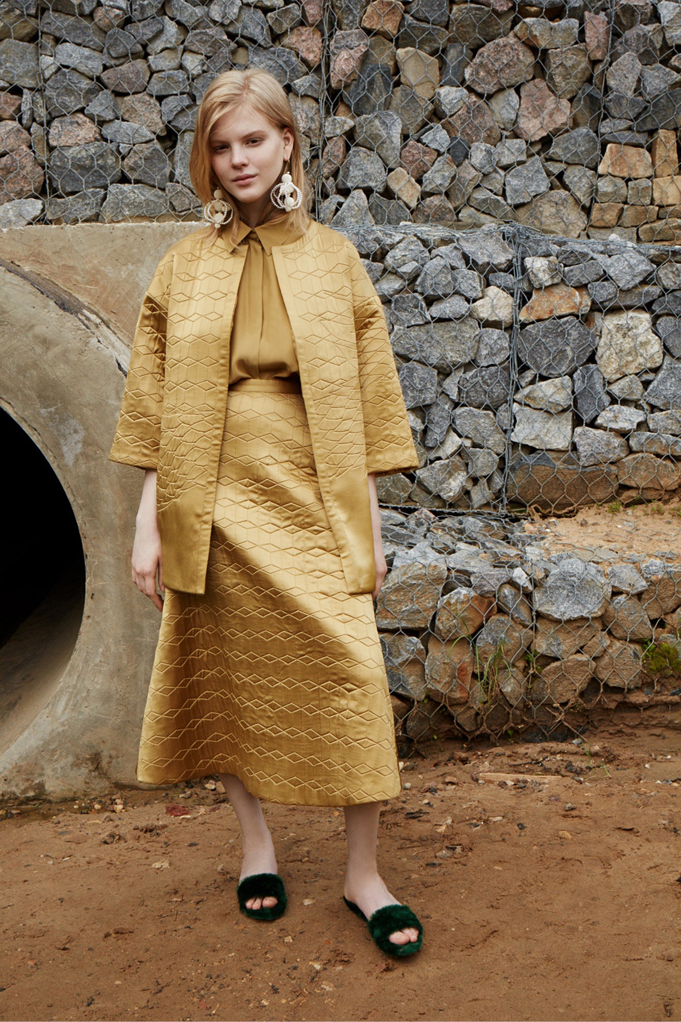 gold silk long-sleeve collared fitted blouse