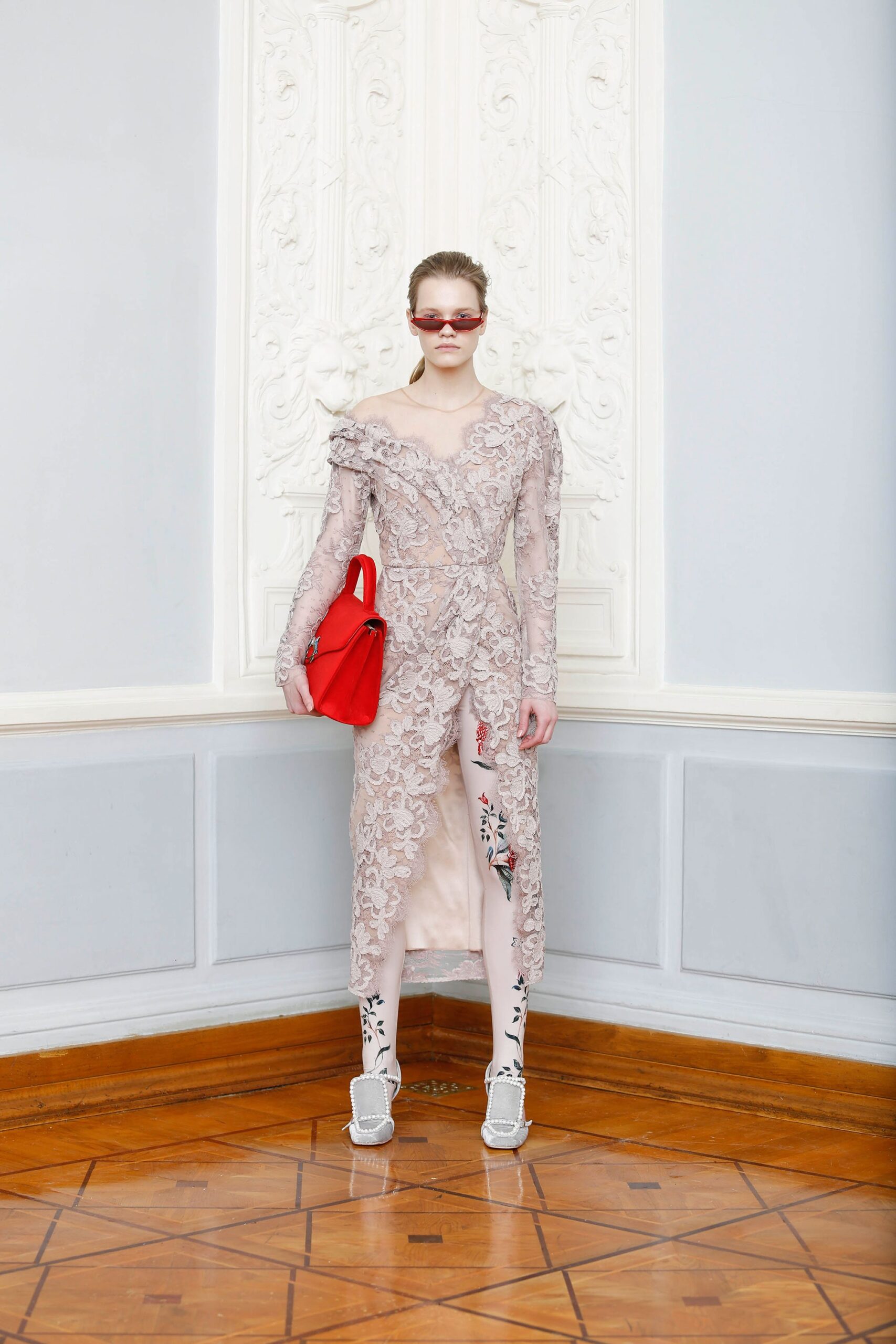 pink lace long-sleeve v-neck fitted embroidered draped dress